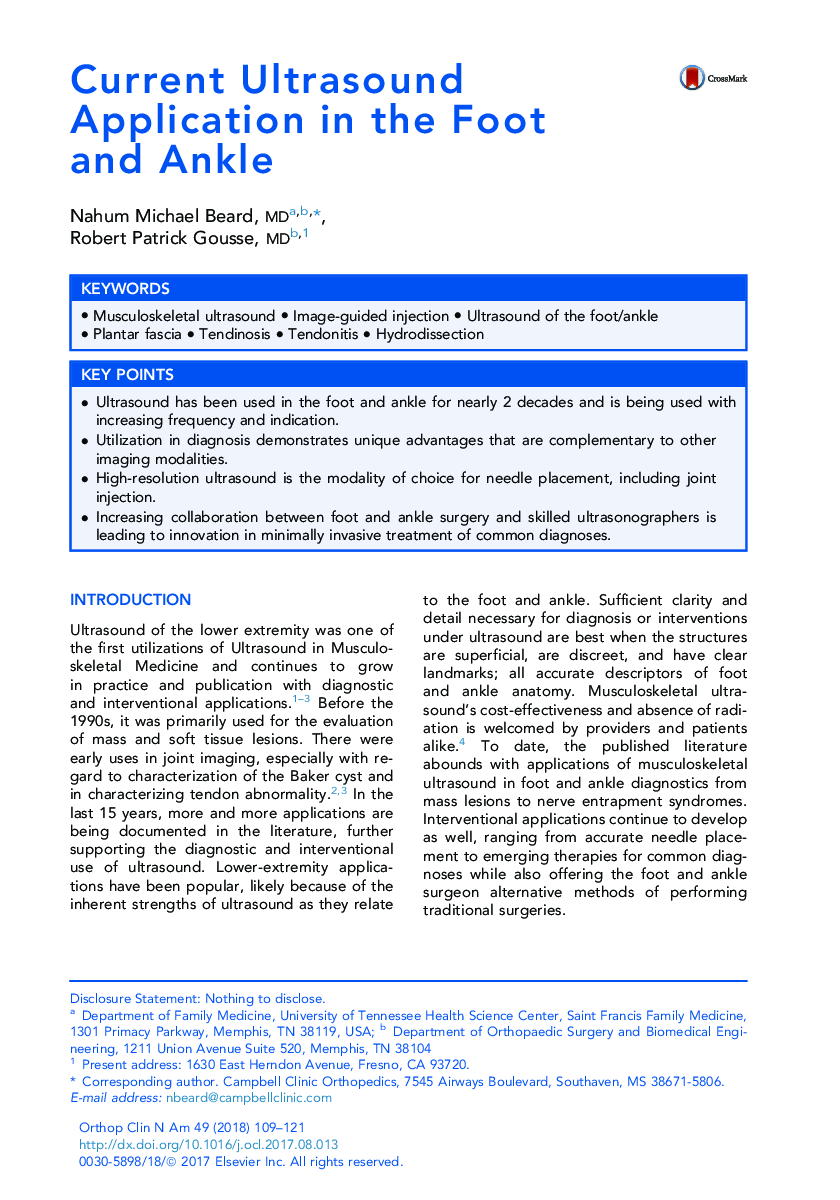 Current Ultrasound Application in the Foot and Ankle