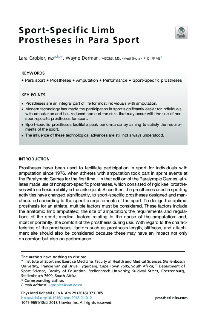 Sport-Specific Limb Prostheses in Para Sport