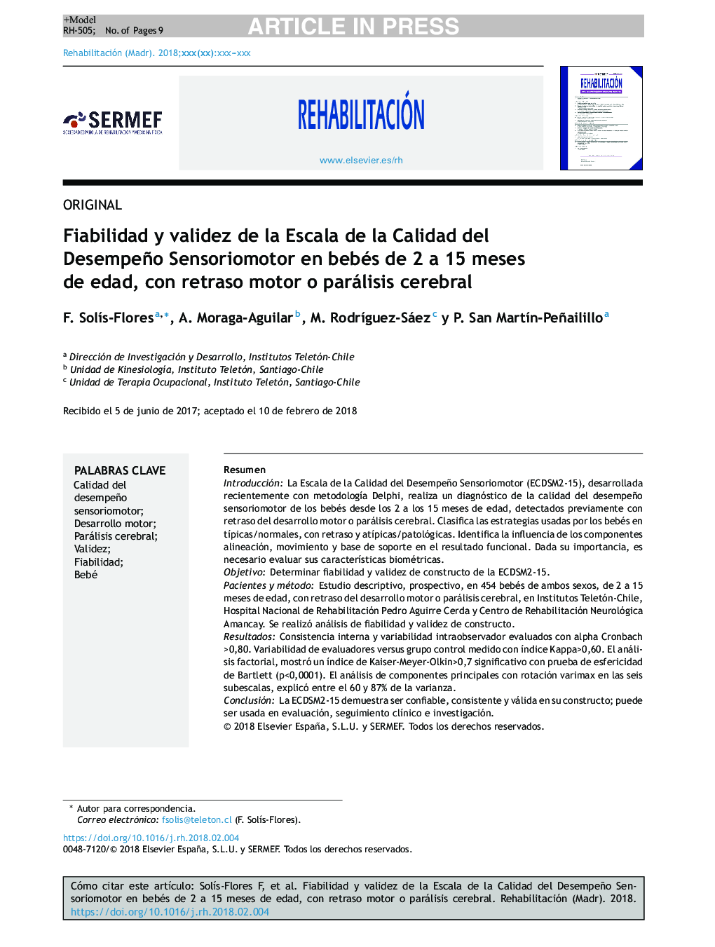 Fiabilidad y validez de la Escala de la Calidad del Desempeño Sensoriomotor en bebés de 2 a 15 meses de edad, con retraso motor o parálisis cerebral