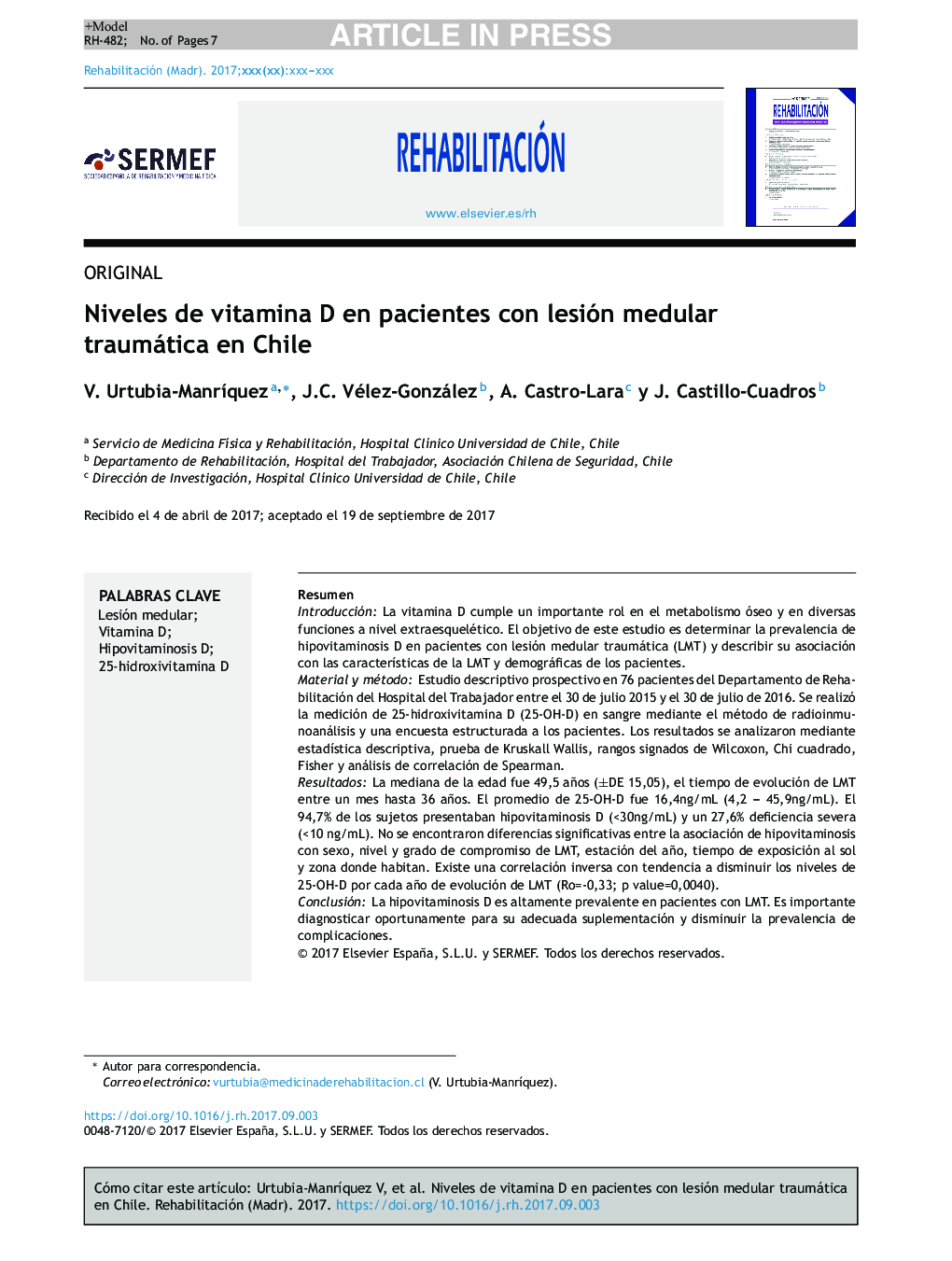 Niveles de vitamina D en pacientes con lesión medular traumática en Chile