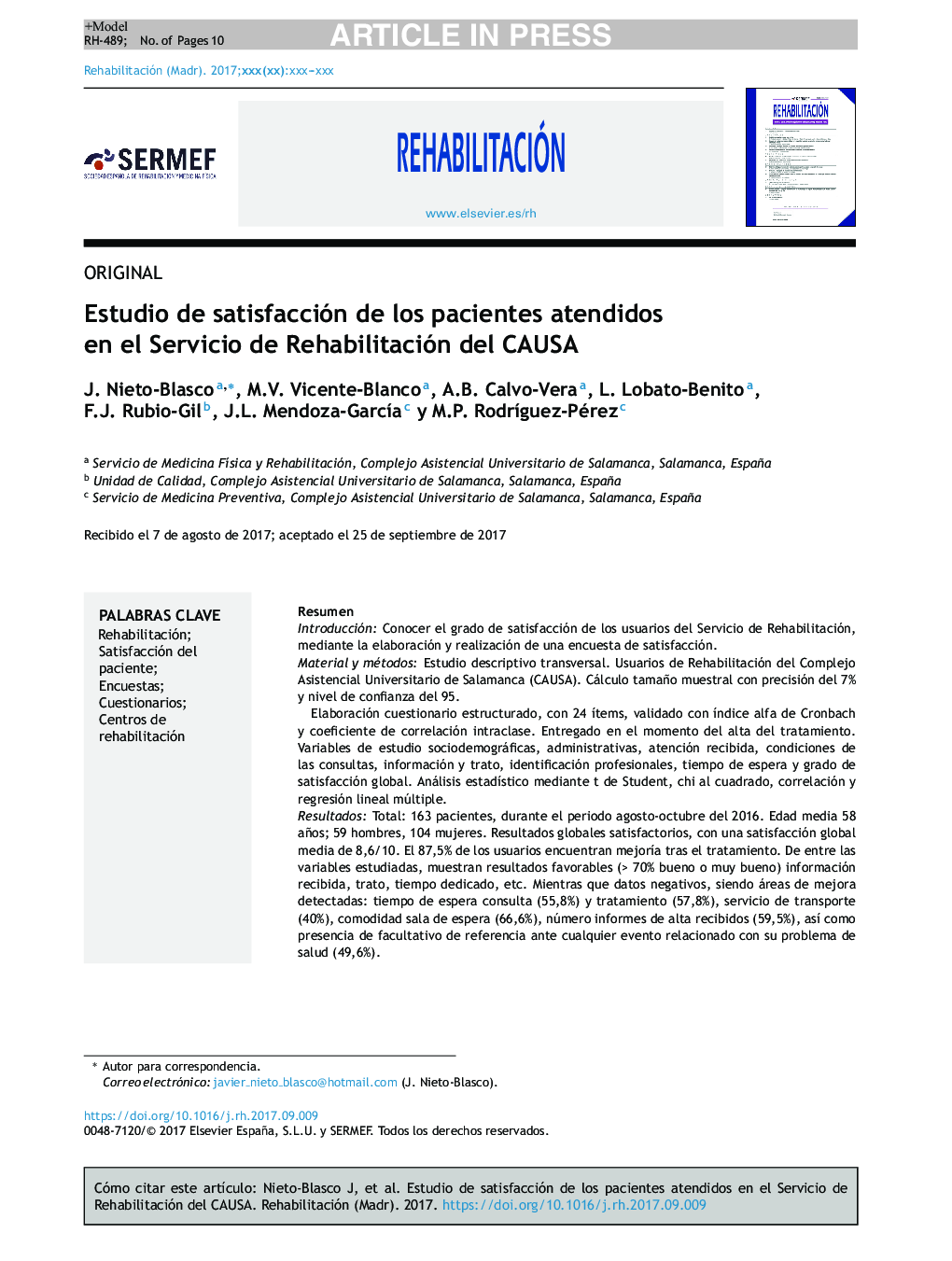 Estudio de satisfacción de los pacientes atendidos en el Servicio de Rehabilitación del CAUSA