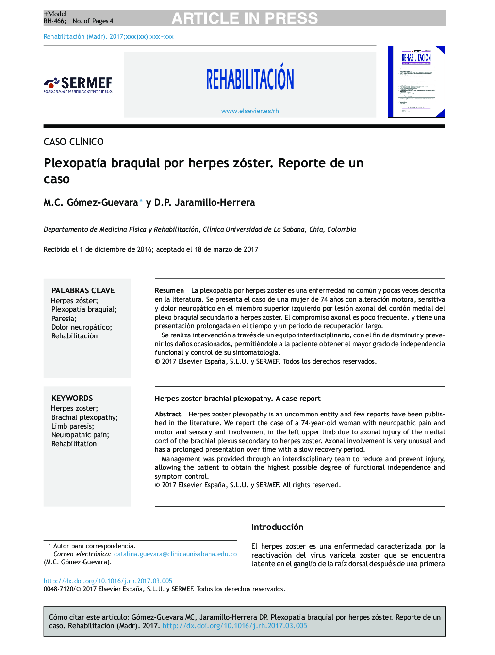 PlexopatÃ­a braquial por herpes zóster. Reporte de un caso