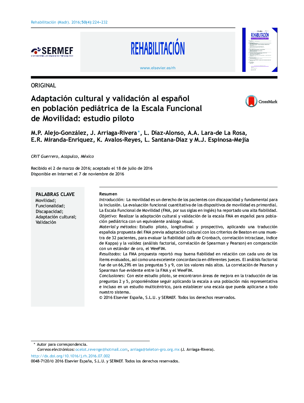 Adaptación cultural y validación al español en población pediátrica de la Escala Funcional de Movilidad: estudio piloto