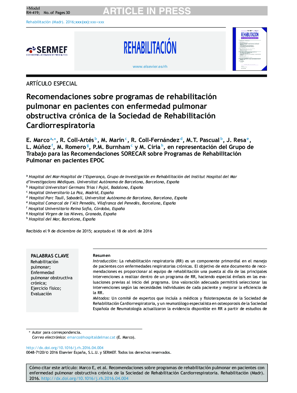 Recomendaciones sobre programas de rehabilitación pulmonar en pacientes con enfermedad pulmonar obstructiva crónica de la Sociedad de Rehabilitación Cardiorrespiratoria