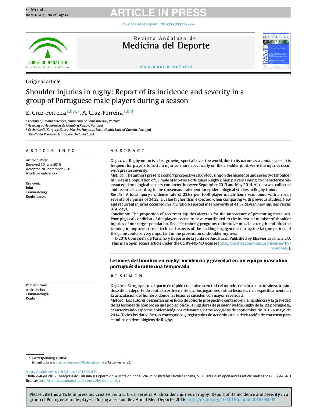 Shoulder injuries in rugby: Report of its incidence and severity in a group of Portuguese male players during a season