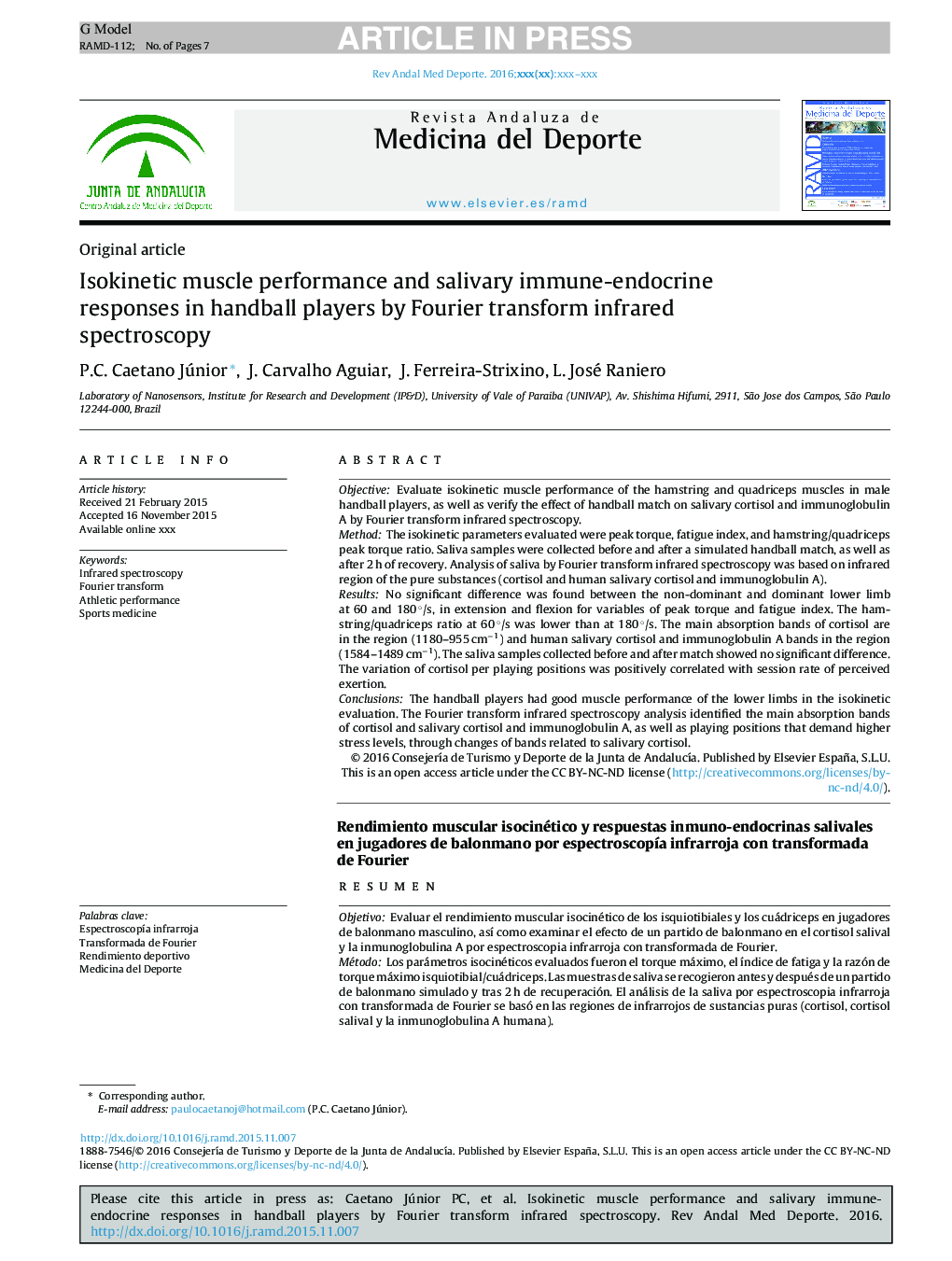 Isokinetic muscle performance and salivary immune-endocrine responses in handball players by Fourier transform infrared spectroscopy