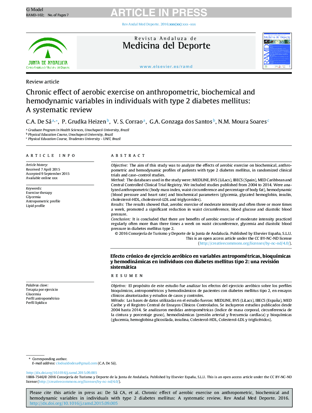 Chronic effect of aerobic exercise on anthropometric, biochemical and hemodynamic variables in individuals with type 2 diabetes mellitus: A systematic review