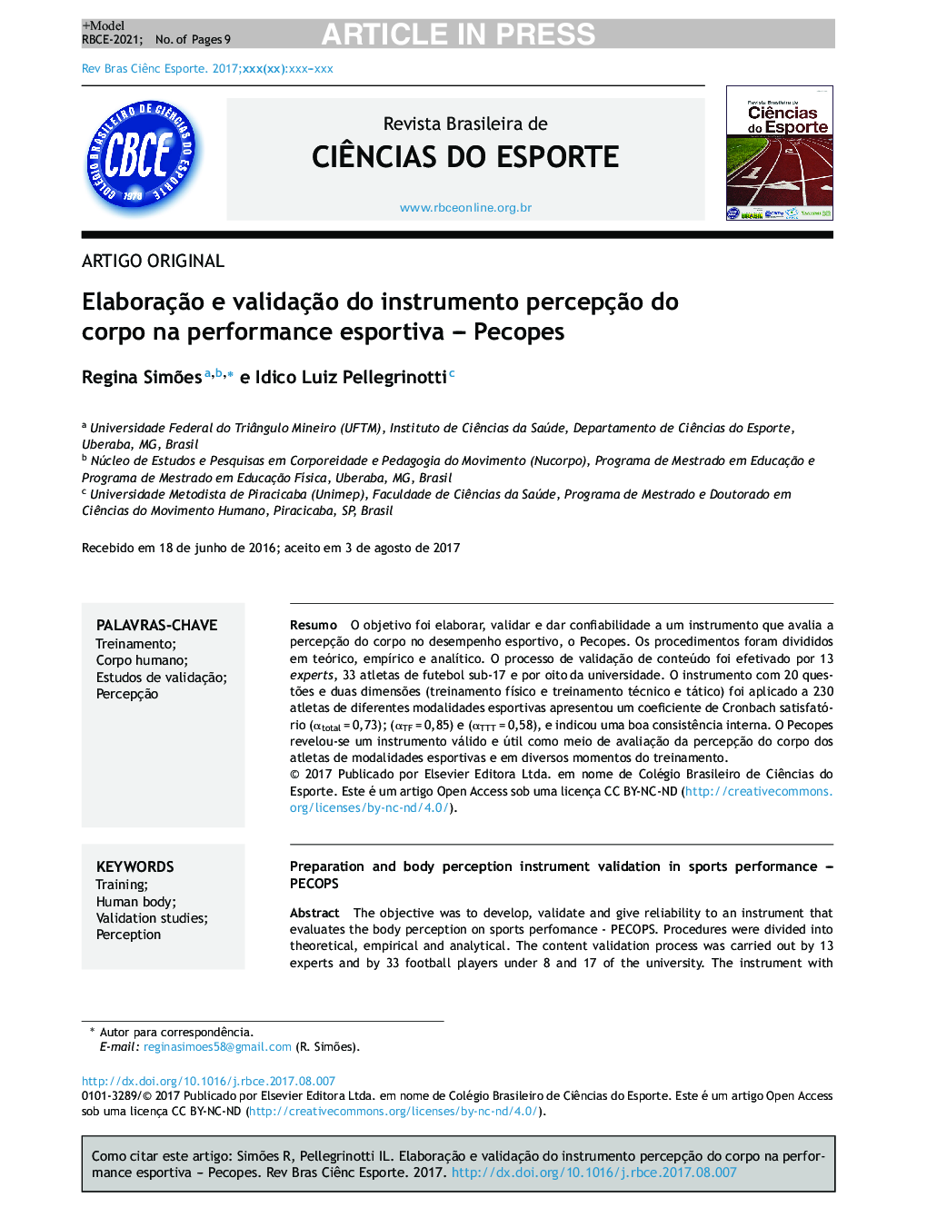 ElaboraçÃ£o e validaçÃ£o do instrumento percepçÃ£o do corpo na performance esportiva - Pecopes