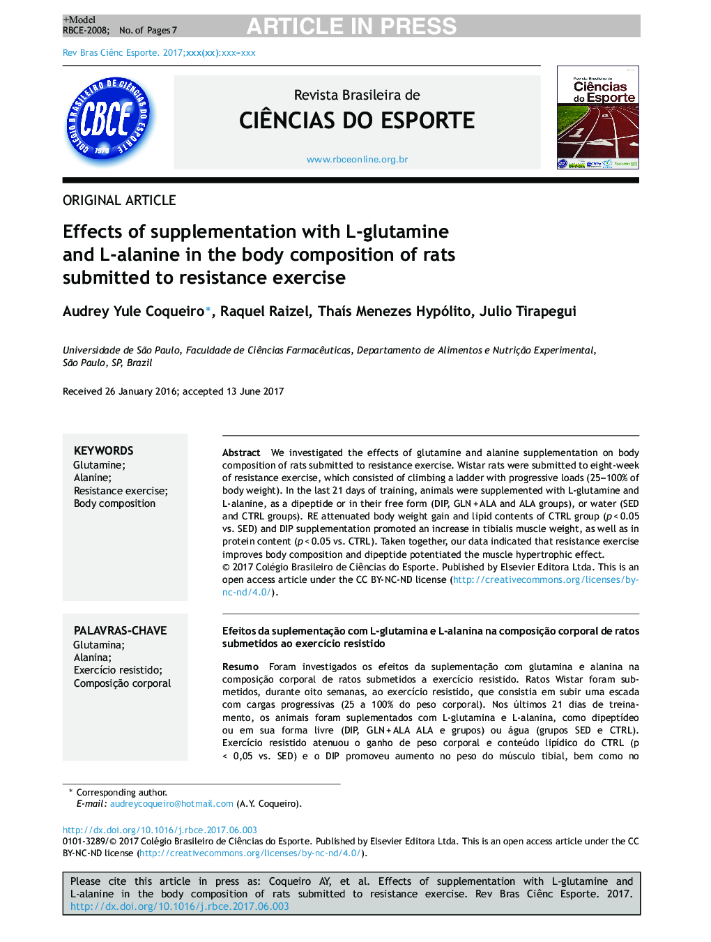 Effects of supplementation with L-glutamine and L-alanine in the body composition of rats submitted to resistance exercise