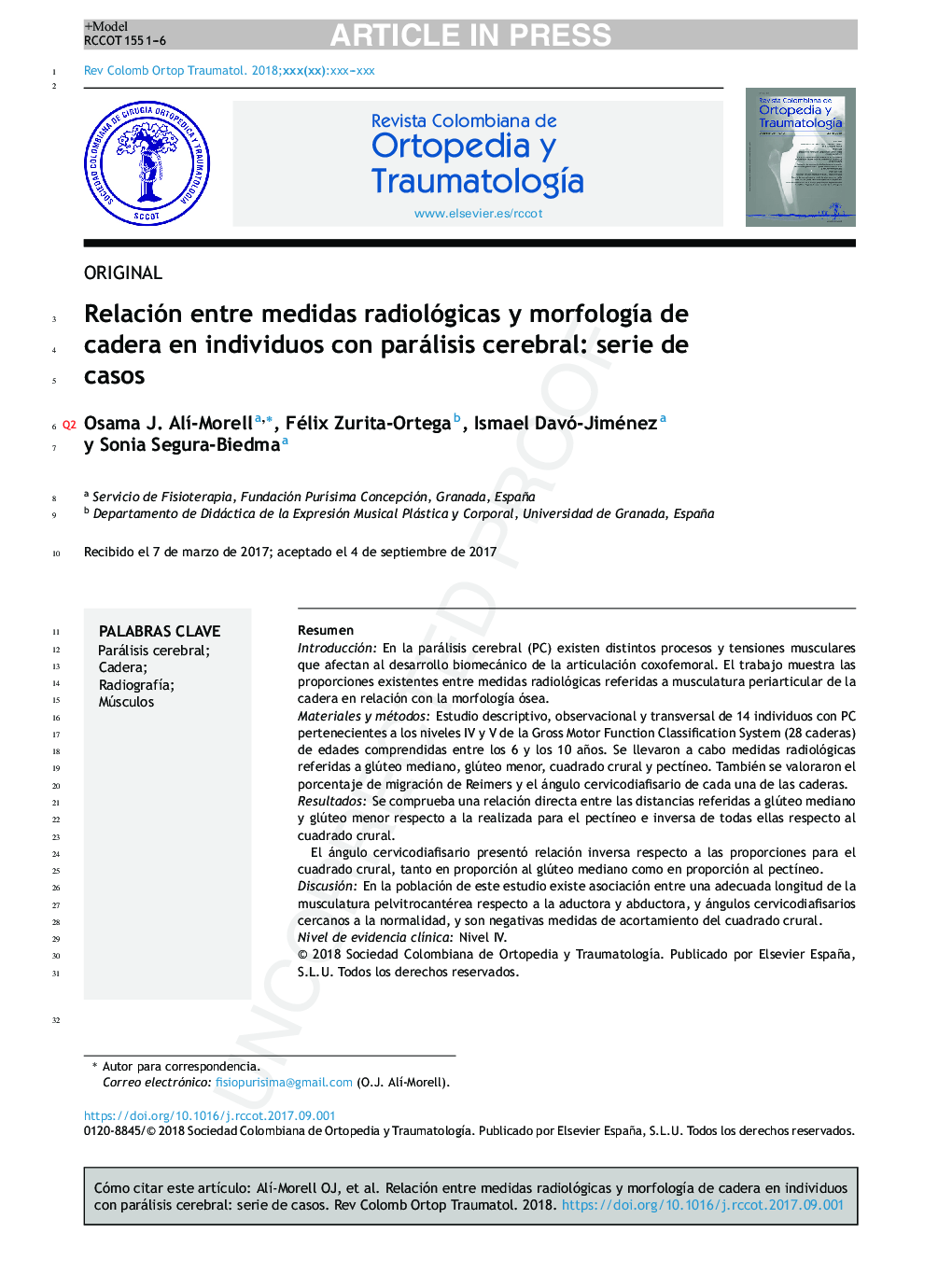 Relación entre medidas radiológicas y morfologÃ­a de cadera en individuos con parálisis cerebral: serie de casos