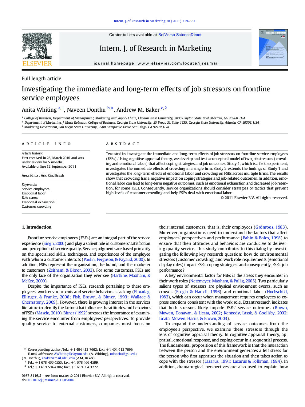 Investigating the immediate and long-term effects of job stressors on frontline service employees