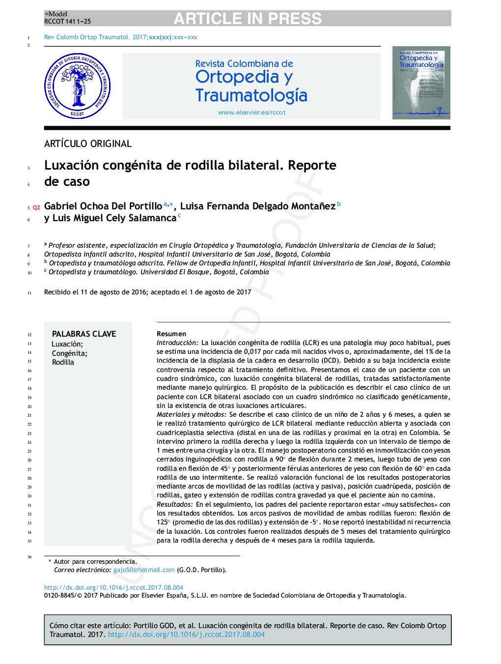 Luxación congénita de rodilla bilateral. Reporte de caso