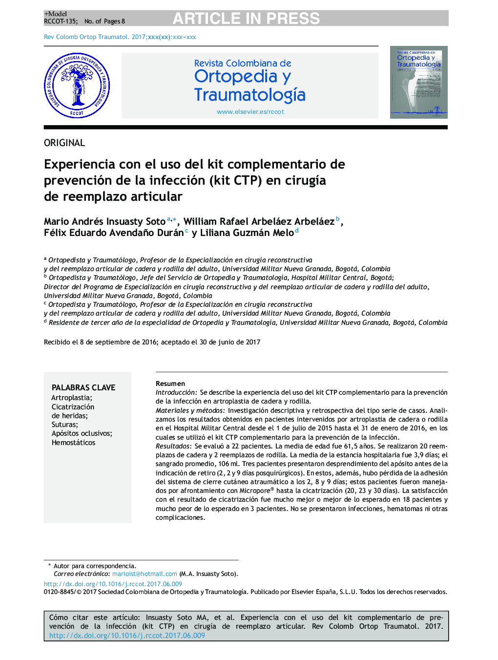 Experiencia con el uso del kit complementario de prevención de la infección (kit CTP) en cirugÃ­a de reemplazo articular