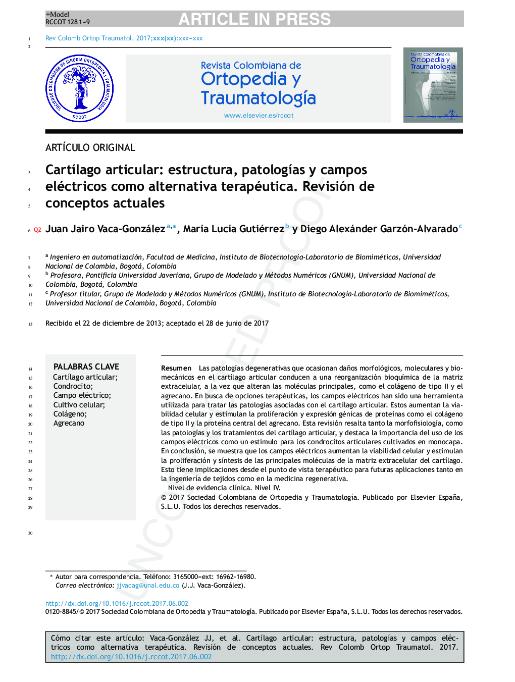 CartÃ­lago articular: estructura, patologÃ­as y campos eléctricos como alternativa terapéutica. Revisión de conceptos actuales
