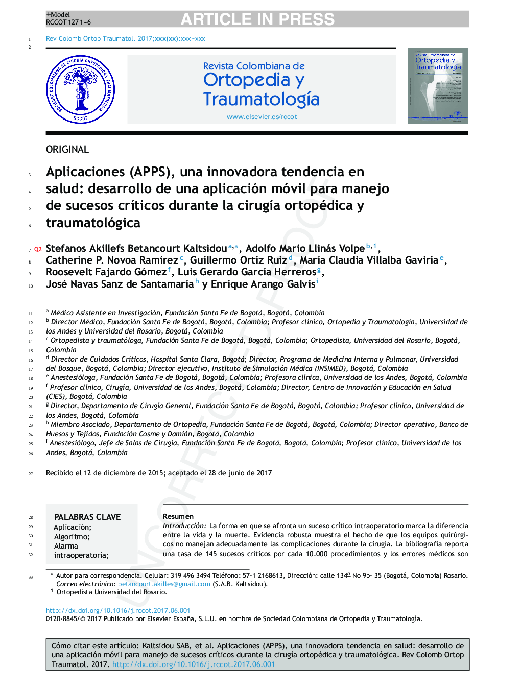 Aplicaciones (APPS), una innovadora tendencia en salud: desarrollo de una aplicación móvil para manejo de sucesos crÃ­ticos durante la cirugÃ­a ortopédica y traumatológica