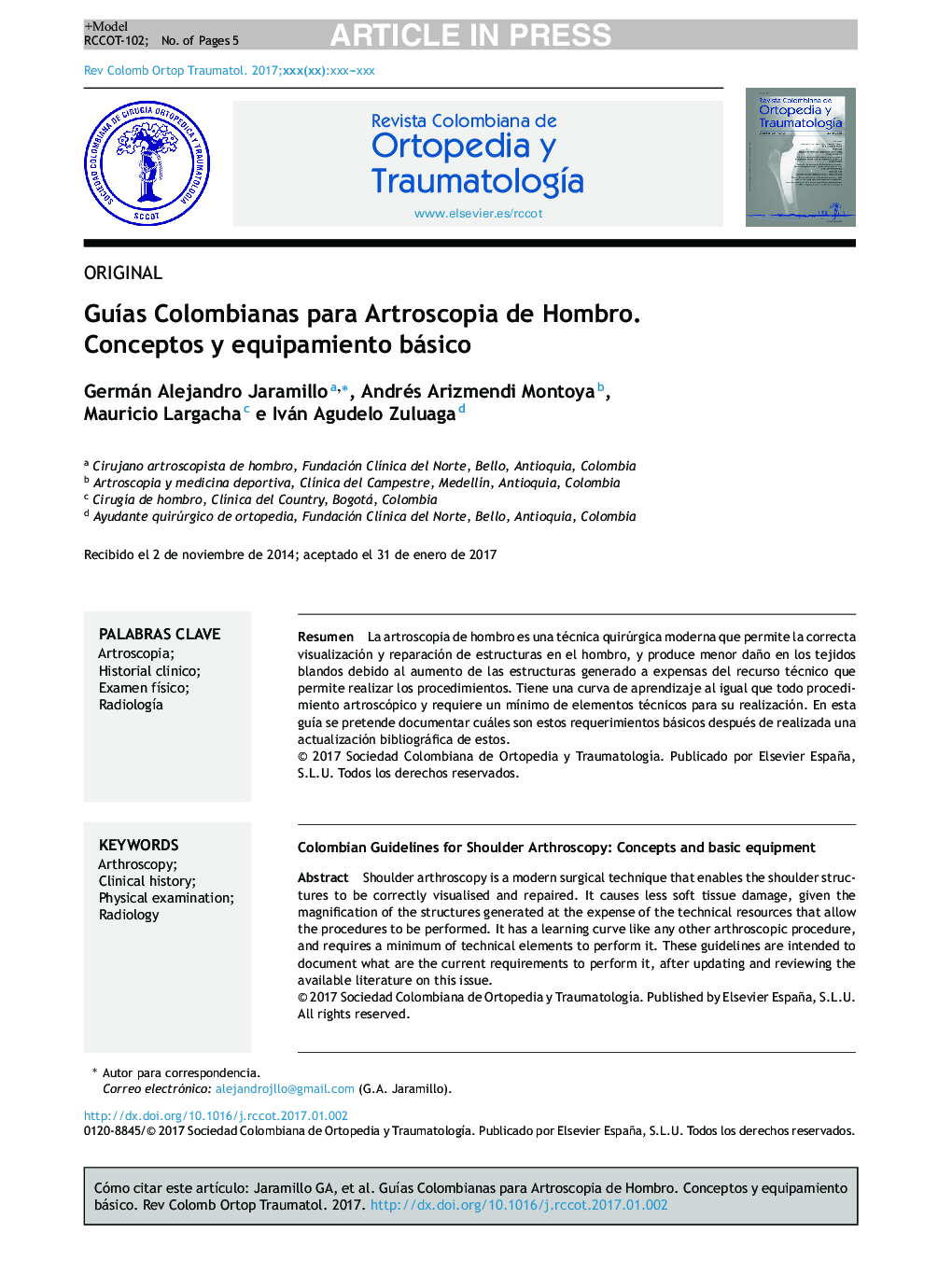 GuÃ­as Colombianas para Artroscopia de Hombro. Conceptos y equipamiento básico