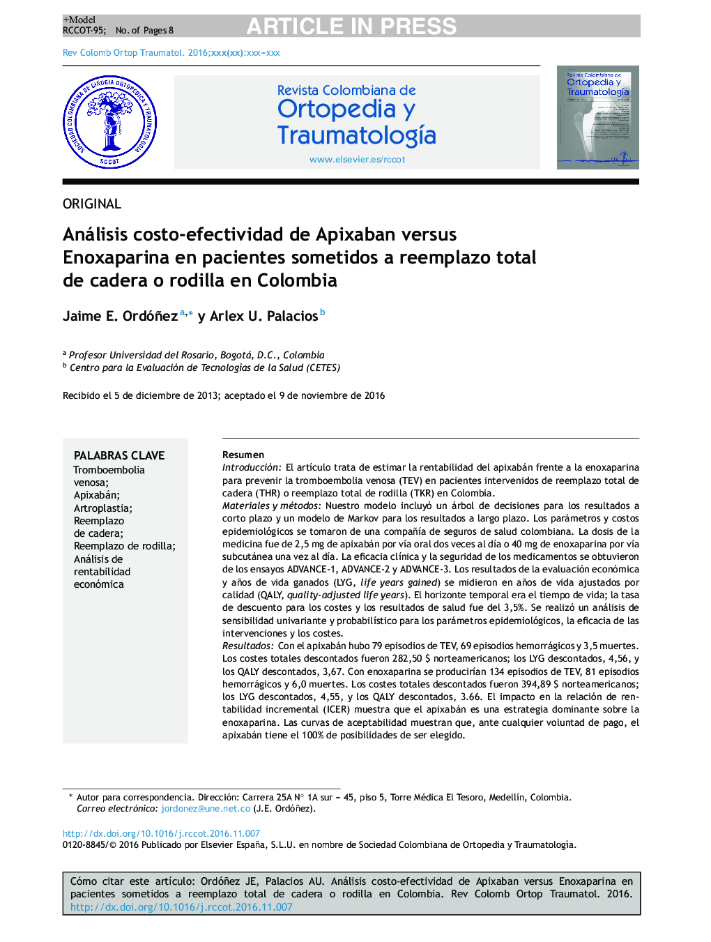 Análisis costo-efectividad de Apixaban versus Enoxaparina en pacientes sometidos a reemplazo total de cadera o rodilla en Colombia