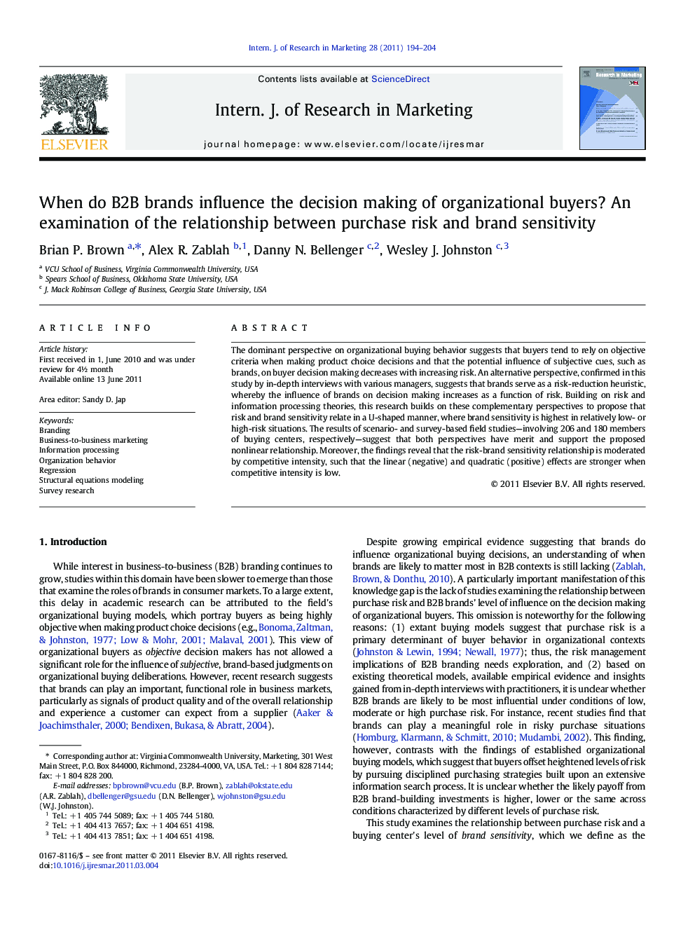 When do B2B brands influence the decision making of organizational buyers? An examination of the relationship between purchase risk and brand sensitivity