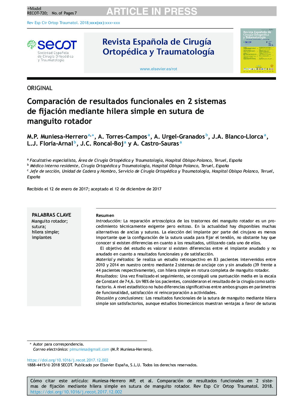 Comparación de resultados funcionales en 2 sistemas de fijación mediante hilera simple en sutura de manguito rotador