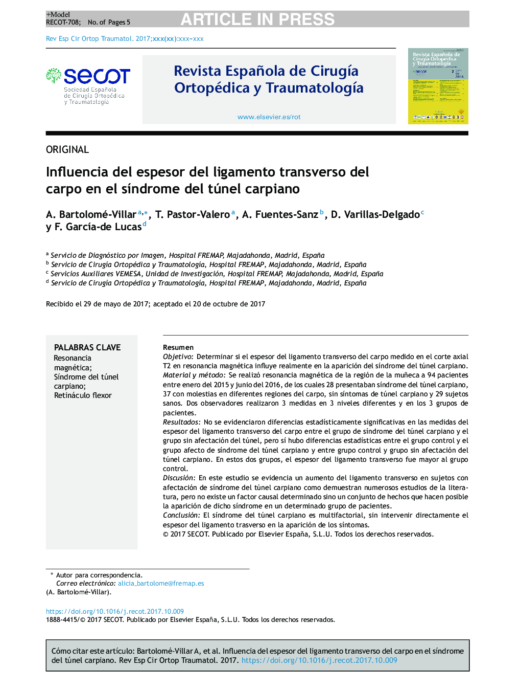 Influencia del espesor del ligamento transverso del carpo en el sÃ­ndrome del túnel carpiano