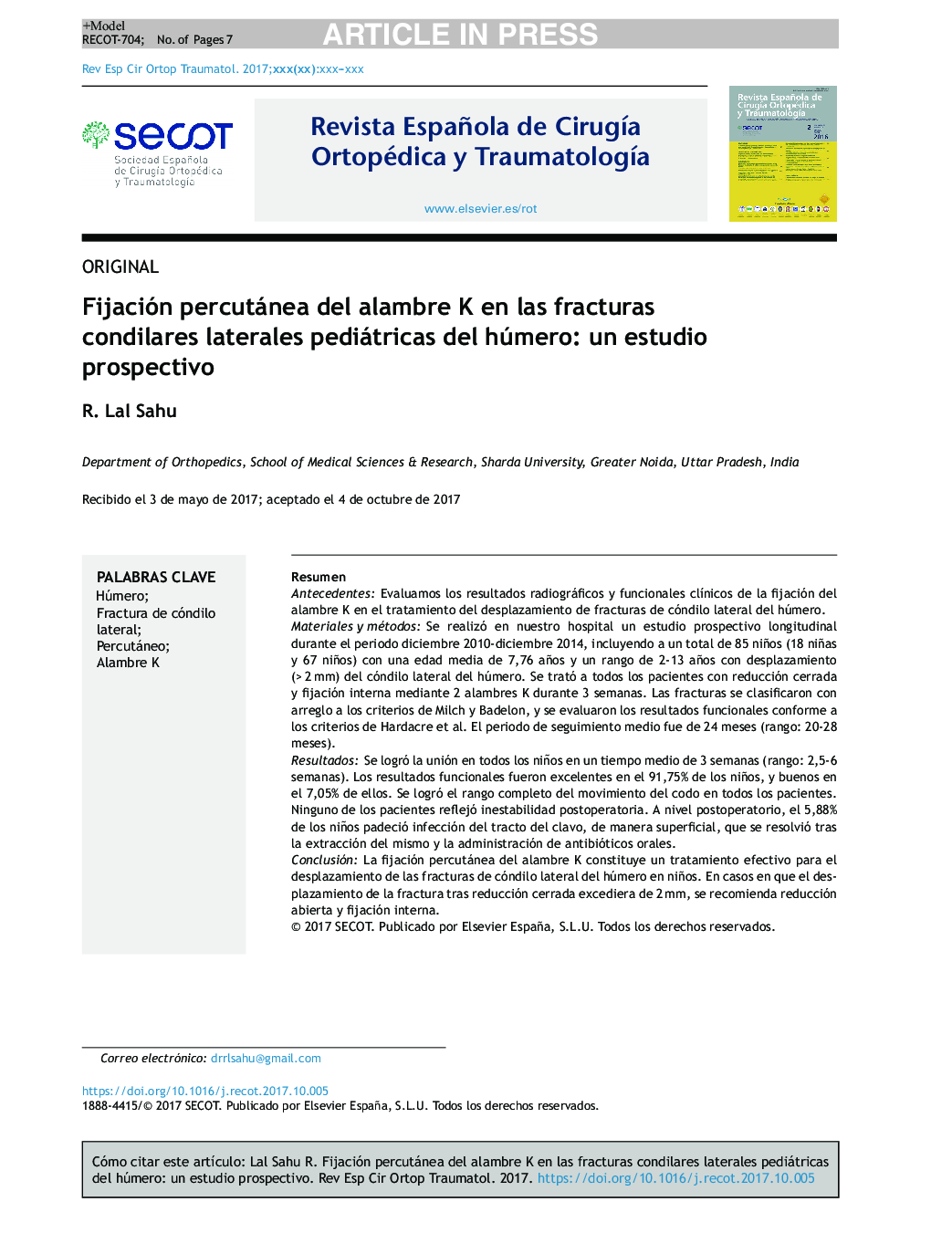 Fijación percutánea del alambre K en las fracturas condilares laterales pediátricas del húmero: un estudio prospectivo