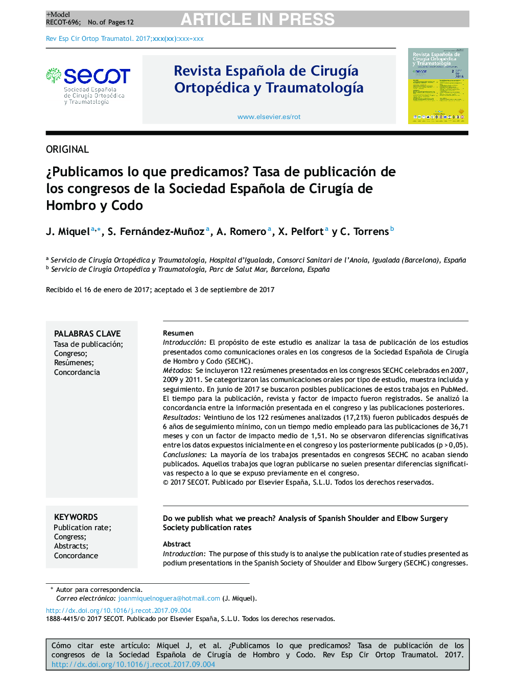 Â¿Publicamos lo que predicamos? Tasa de publicación de los congresos de la Sociedad Española de CirugÃ­a de Hombro y Codo