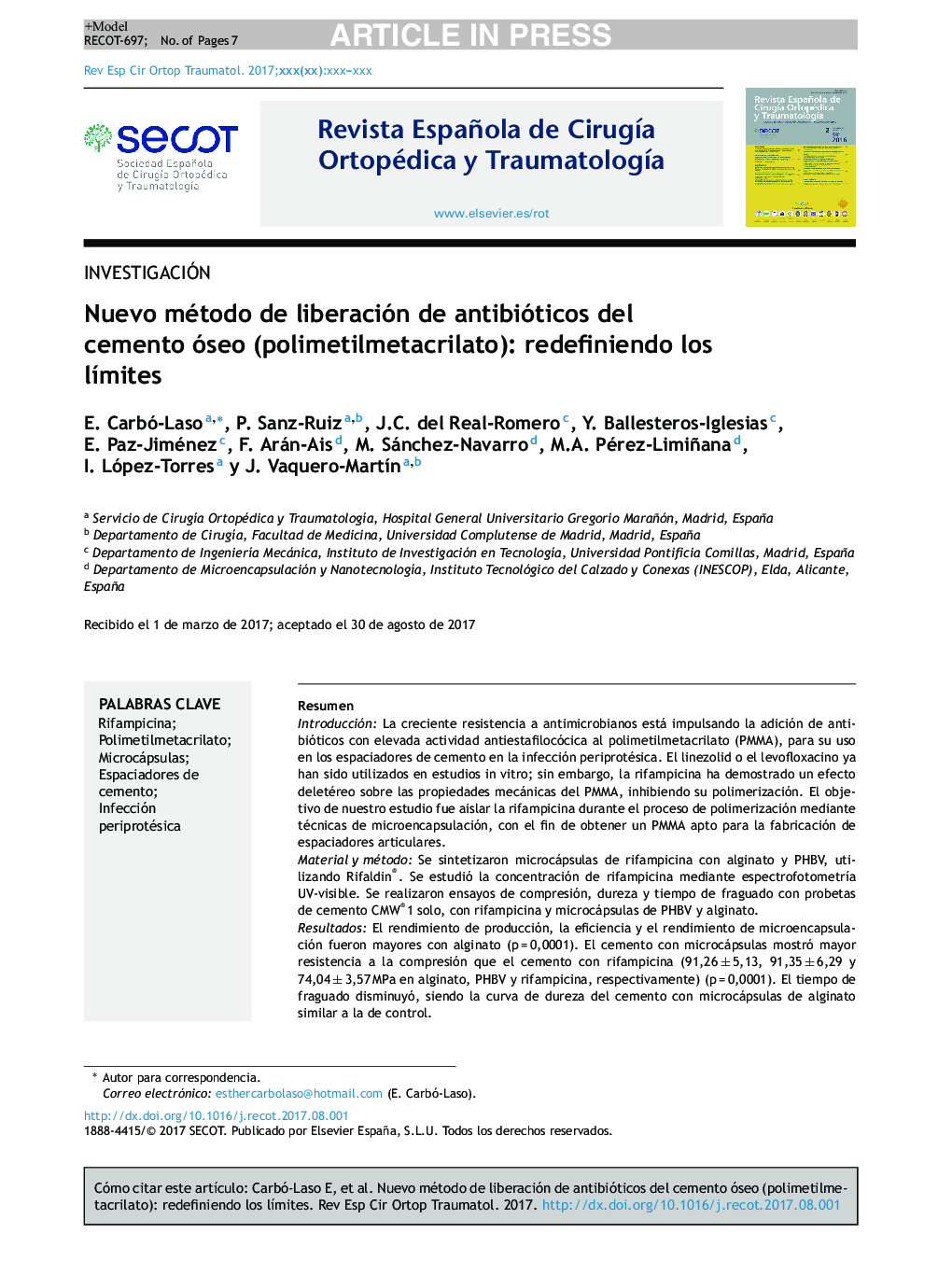 Nuevo método de liberación de antibióticos del cemento óseo (polimetilmetacrilato): redefiniendo los lÃ­mites