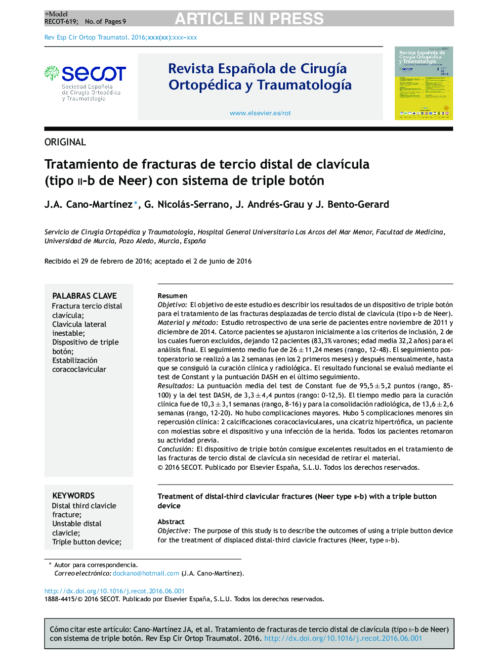 Tratamiento de fracturas de tercio distal de clavÃ­cula (tipo ii-b de Neer) con sistema de triple botón