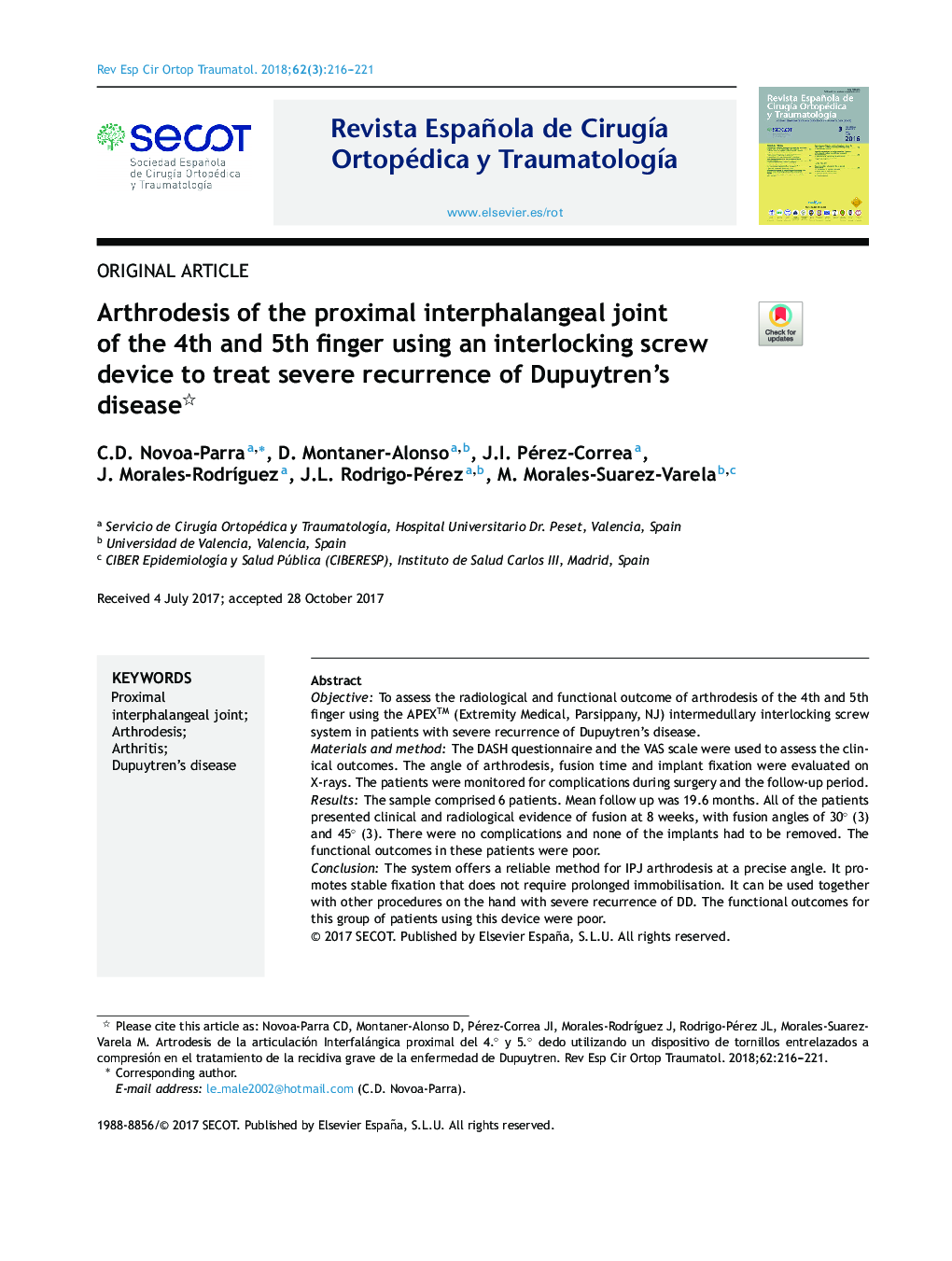 Arthrodesis of the proximal interphalangeal joint of the 4th and 5th finger using an interlocking screw device to treat severe recurrence of Dupuytren's disease