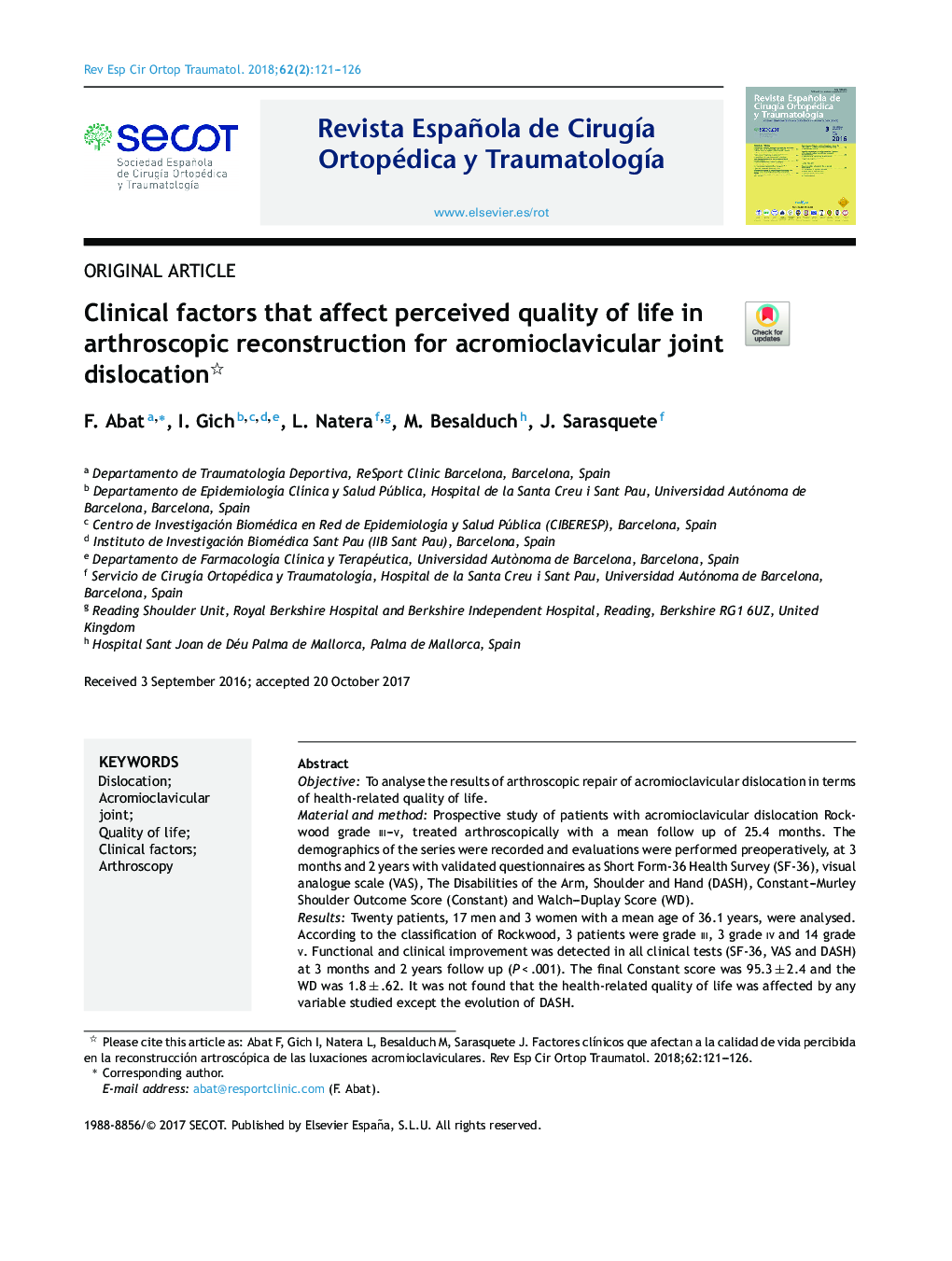 Clinical factors that affect perceived quality of life in arthroscopic reconstruction for acromioclavicular joint dislocation