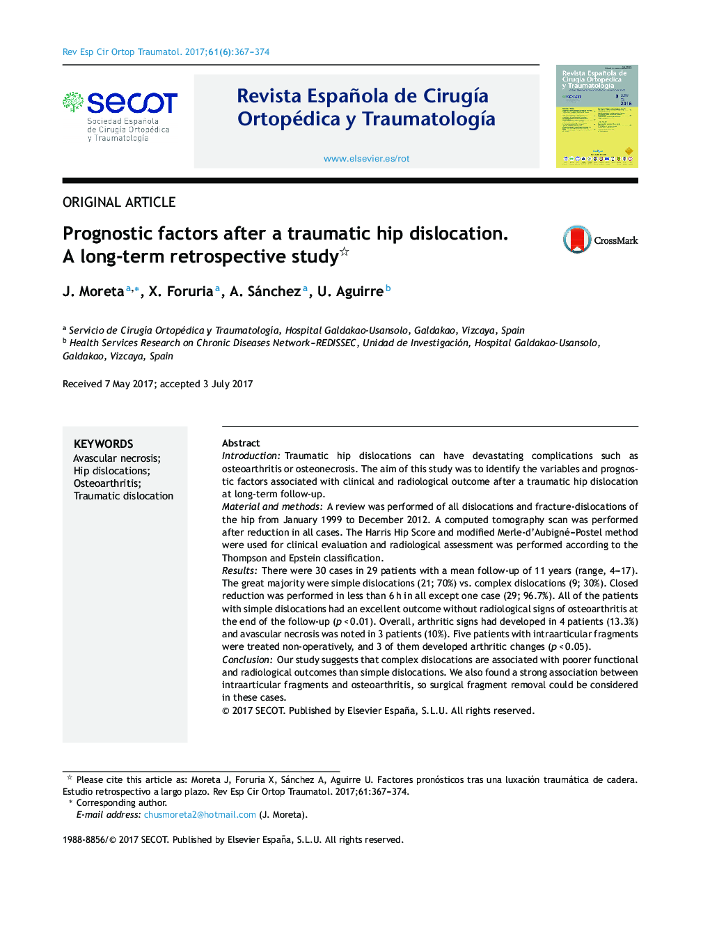 Prognostic factors after a traumatic hip dislocation. A long-term retrospective study