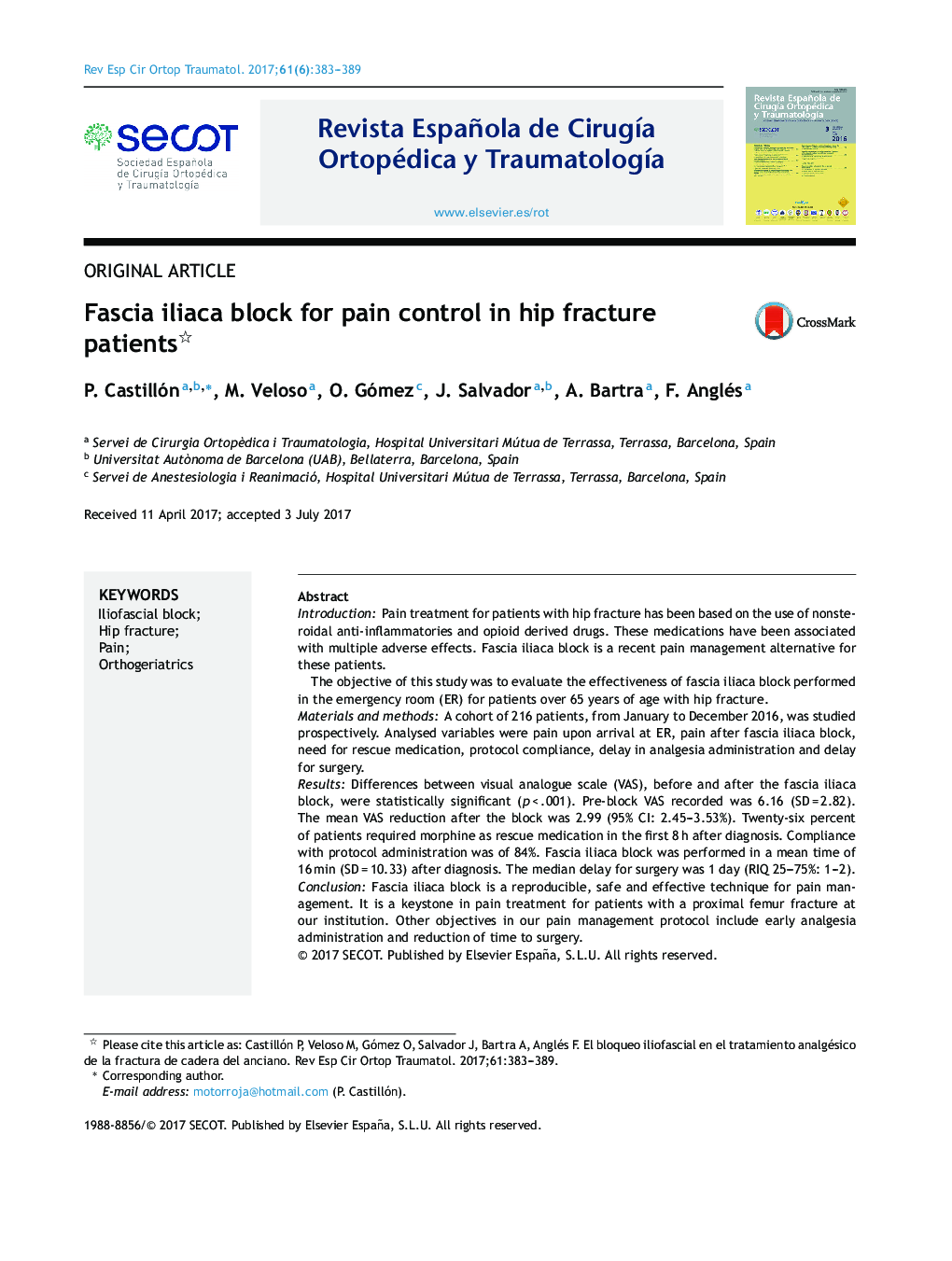 Fascia iliaca block for pain control in hip fracture patients