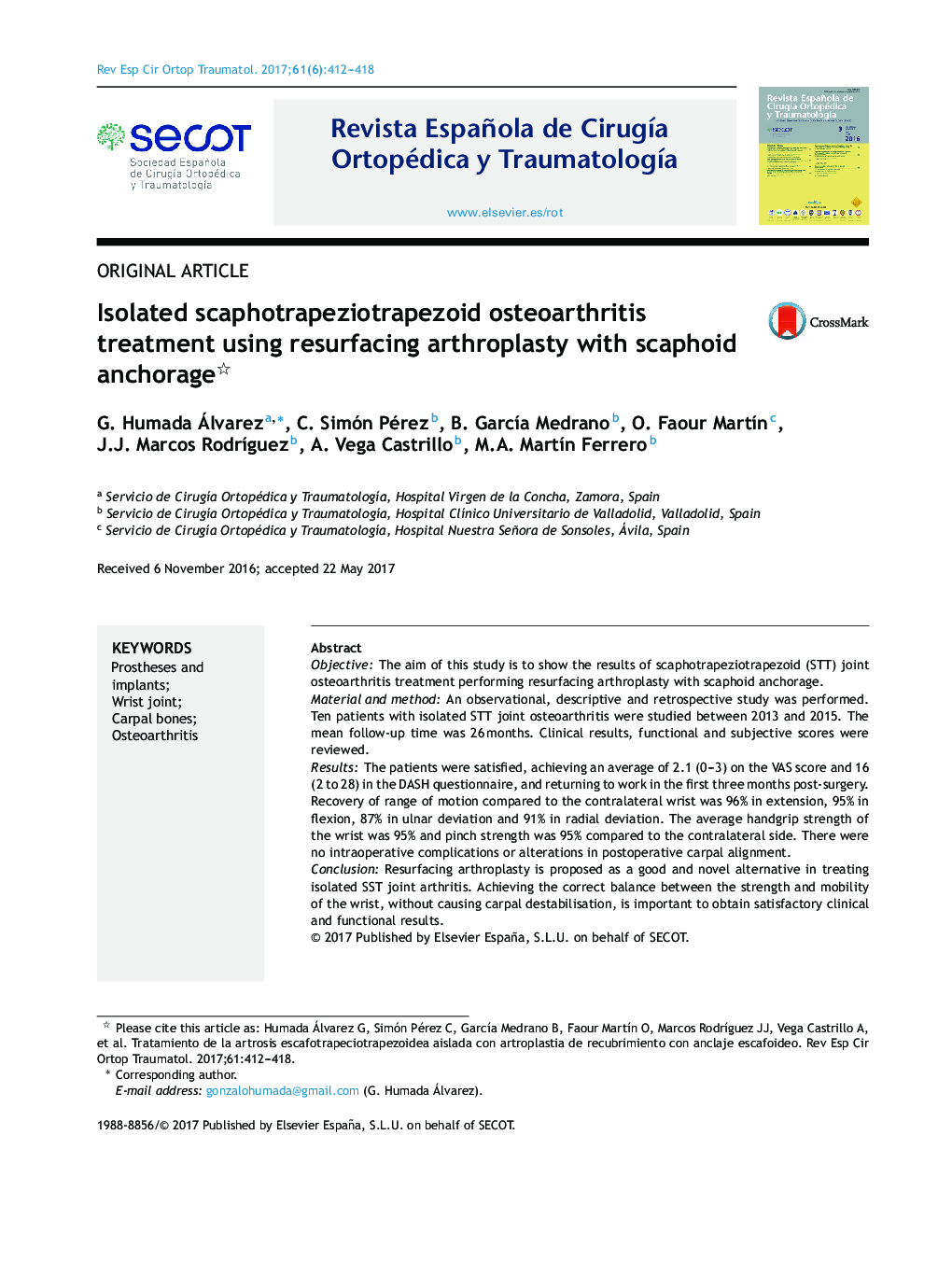 Isolated scaphotrapeziotrapezoid osteoarthritis treatment using resurfacing arthroplasty with scaphoid anchorage