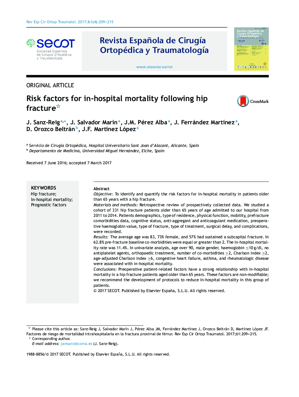 Risk factors for in-hospital mortality following hip fracture