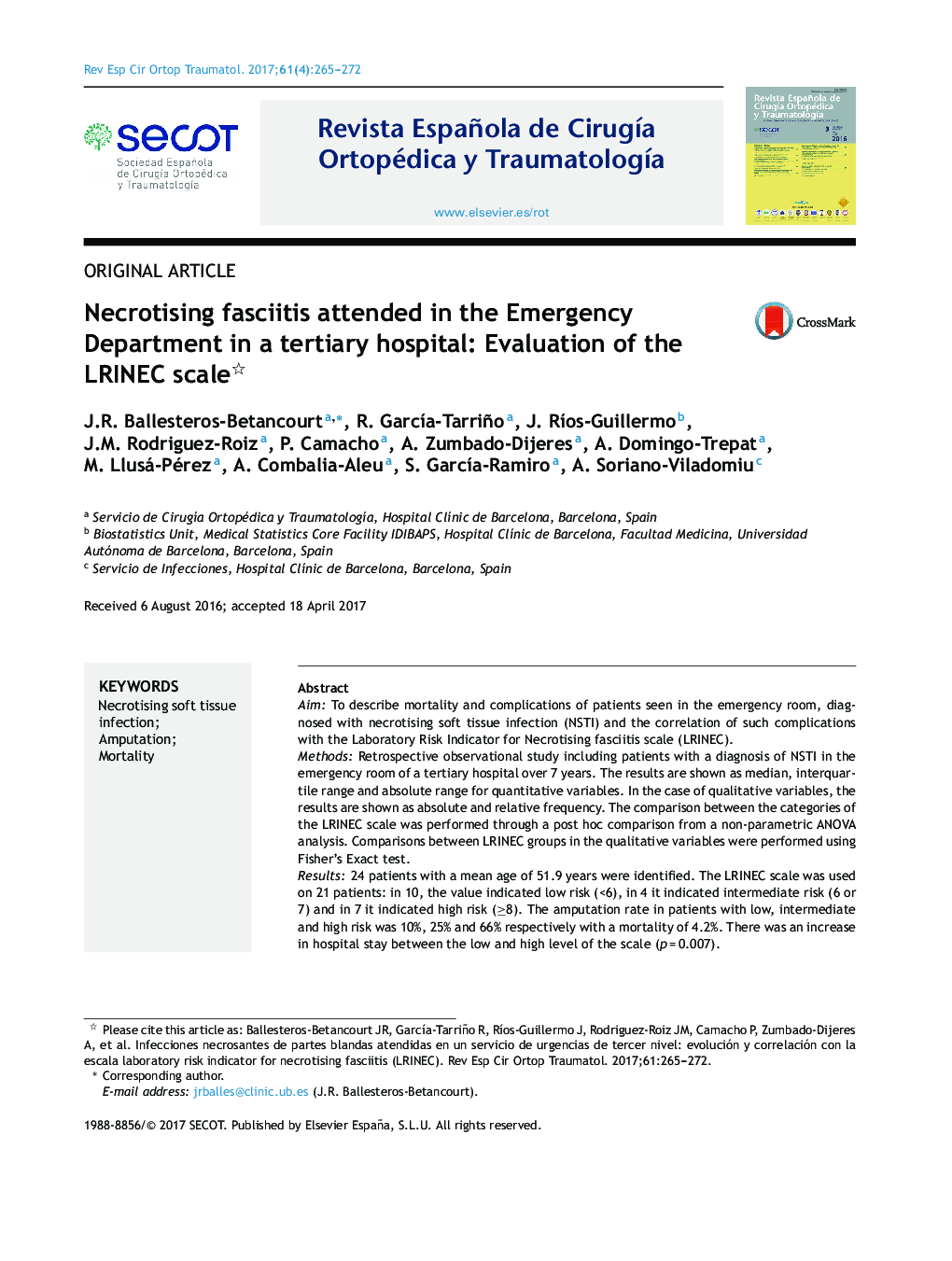 Necrotising fasciitis attended in the Emergency Department in a tertiary hospital: Evaluation of the LRINEC scale