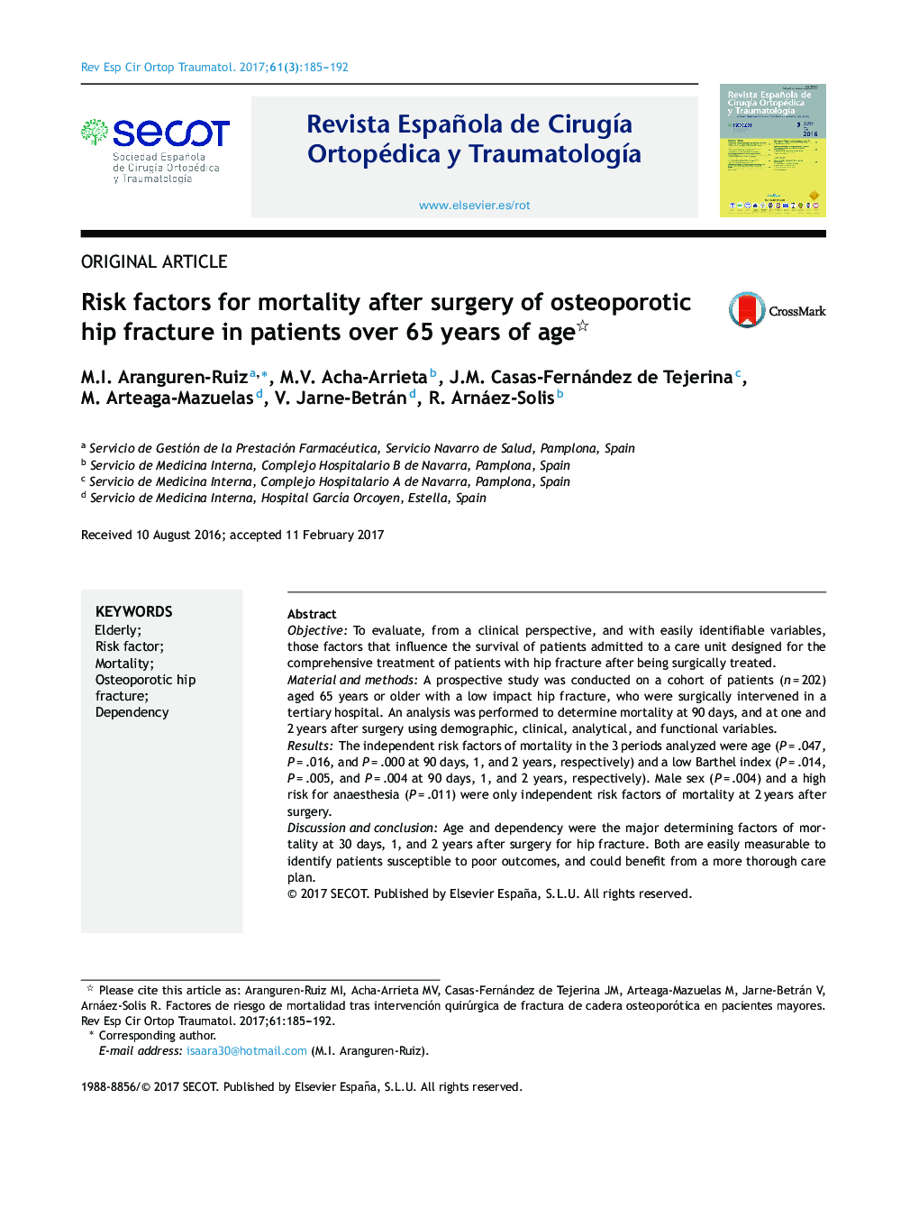 Risk factors for mortality after surgery of osteoporotic hip fracture in patients over 65 years of age