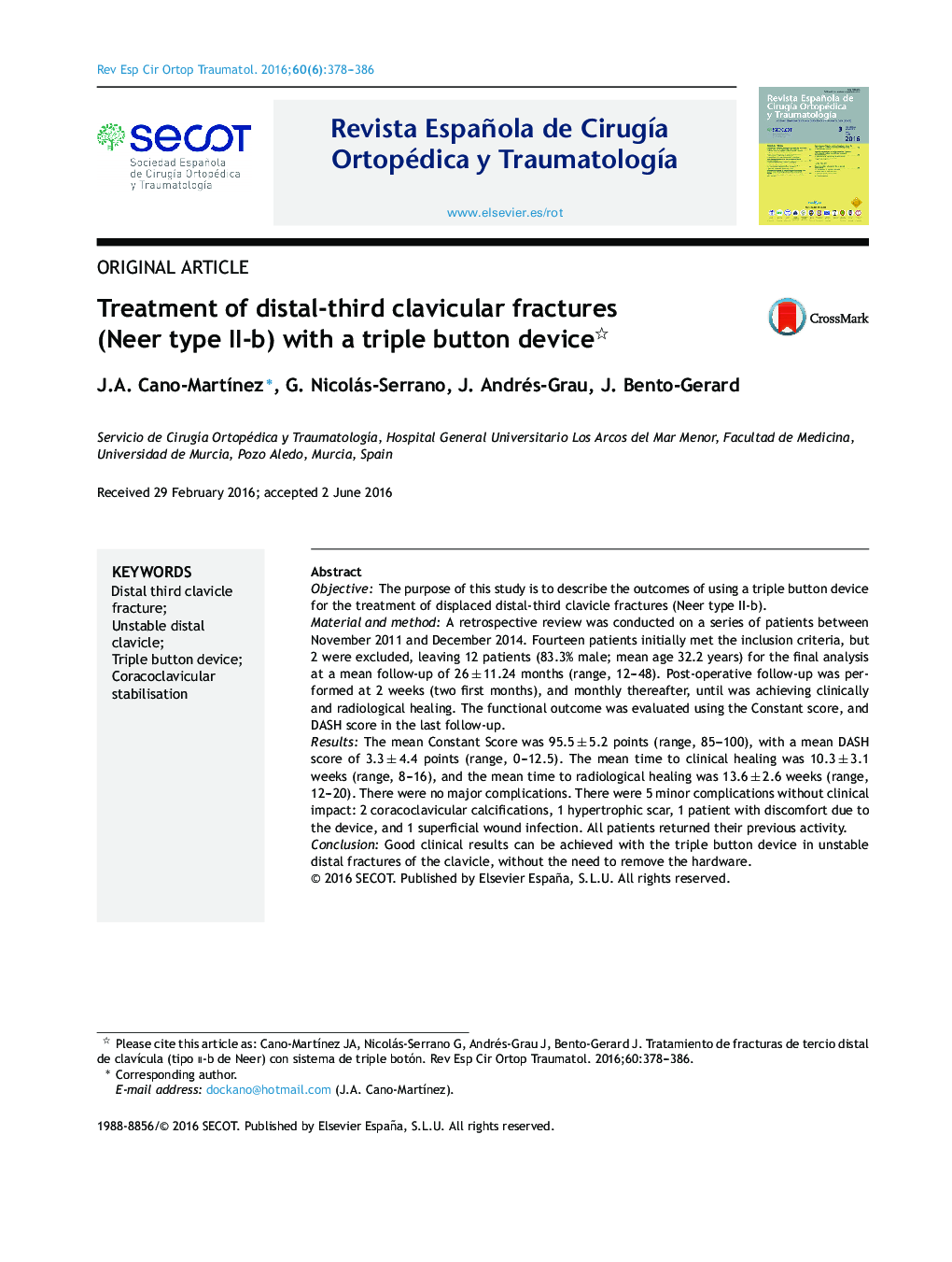 Treatment of distal-third clavicular fractures (Neer type II-b) with a triple button device