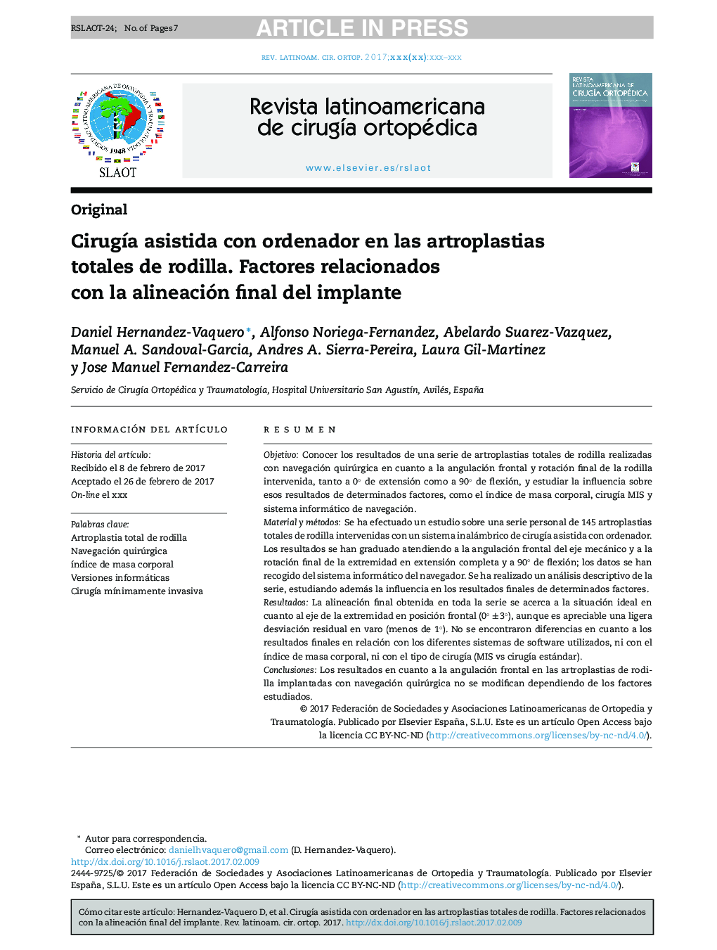 CirugÃ­a asistida con ordenador en las artroplastias totales de rodilla. Factores relacionados con la alineación final del implante