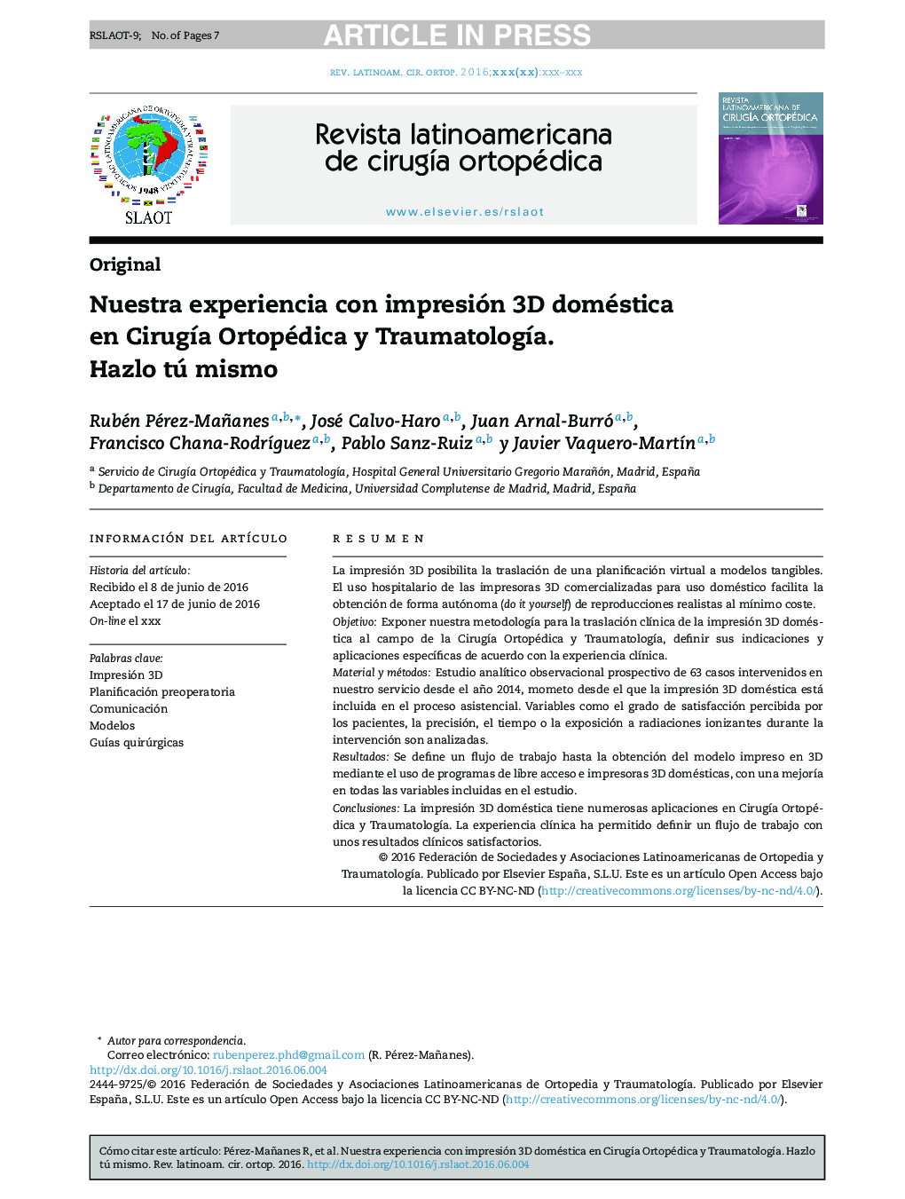 Nuestra experiencia con impresión 3D doméstica en CirugÃ­a Ortopédica y TraumatologÃ­a. Hazlo tú mismo