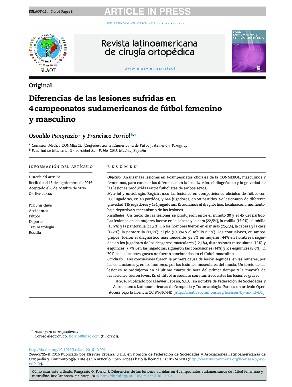 Diferencias de las lesiones sufridas en 4Â campeonatos sudamericanos de fútbol femenino y masculino