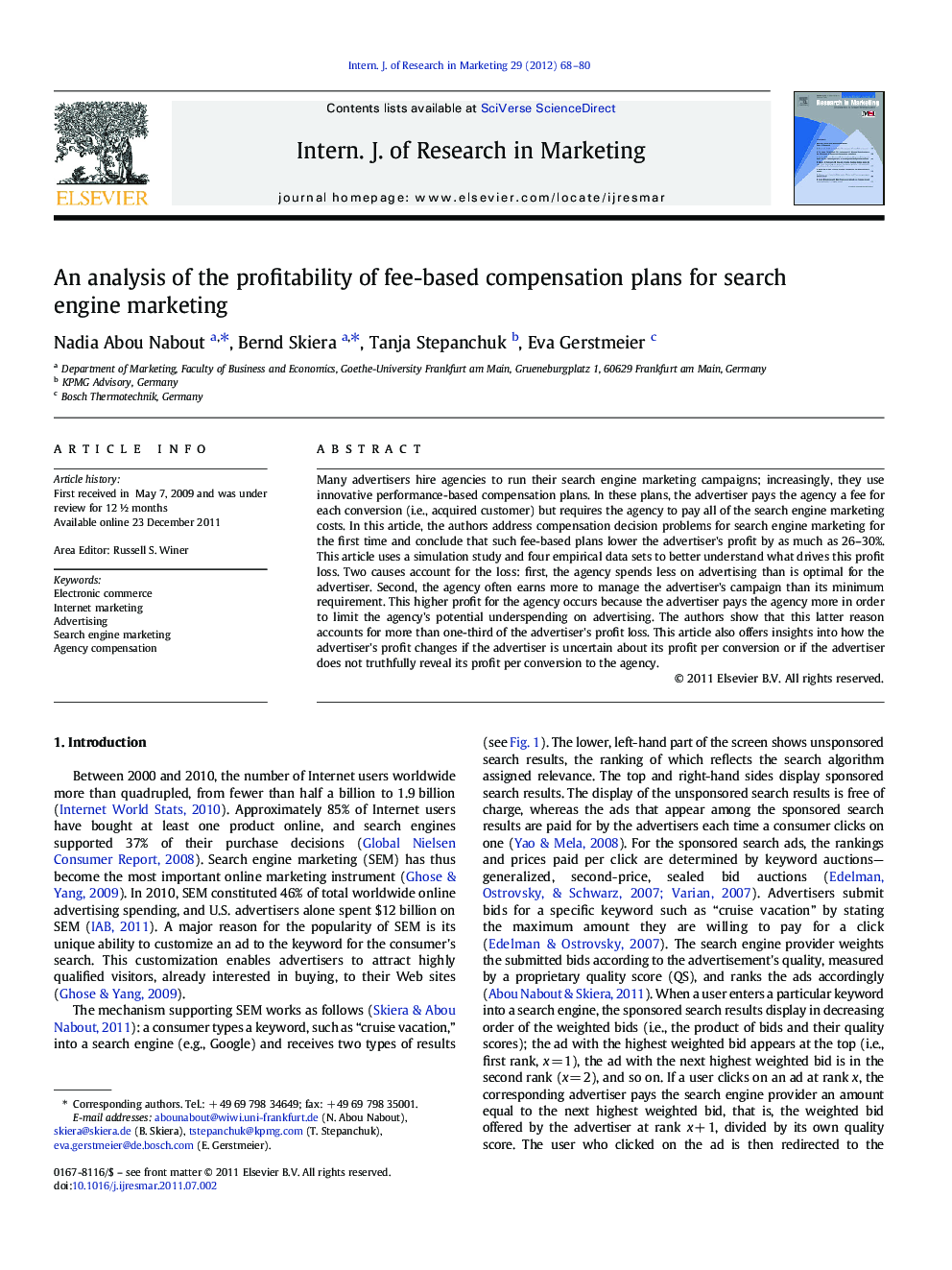 عکس صفحه اول مقاله: An analysis of the profitability of fee-based compensation plans for search engine marketing An analysis of the profitability of fee-based compensation plans for search engine marketing