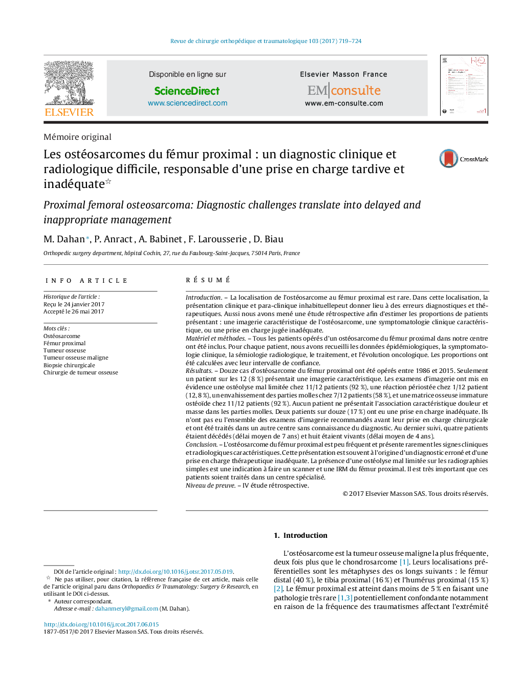 Les ostéosarcomes du fémur proximalÂ : un diagnostic clinique et radiologique difficile, responsable d'une prise en charge tardive et inadéquate