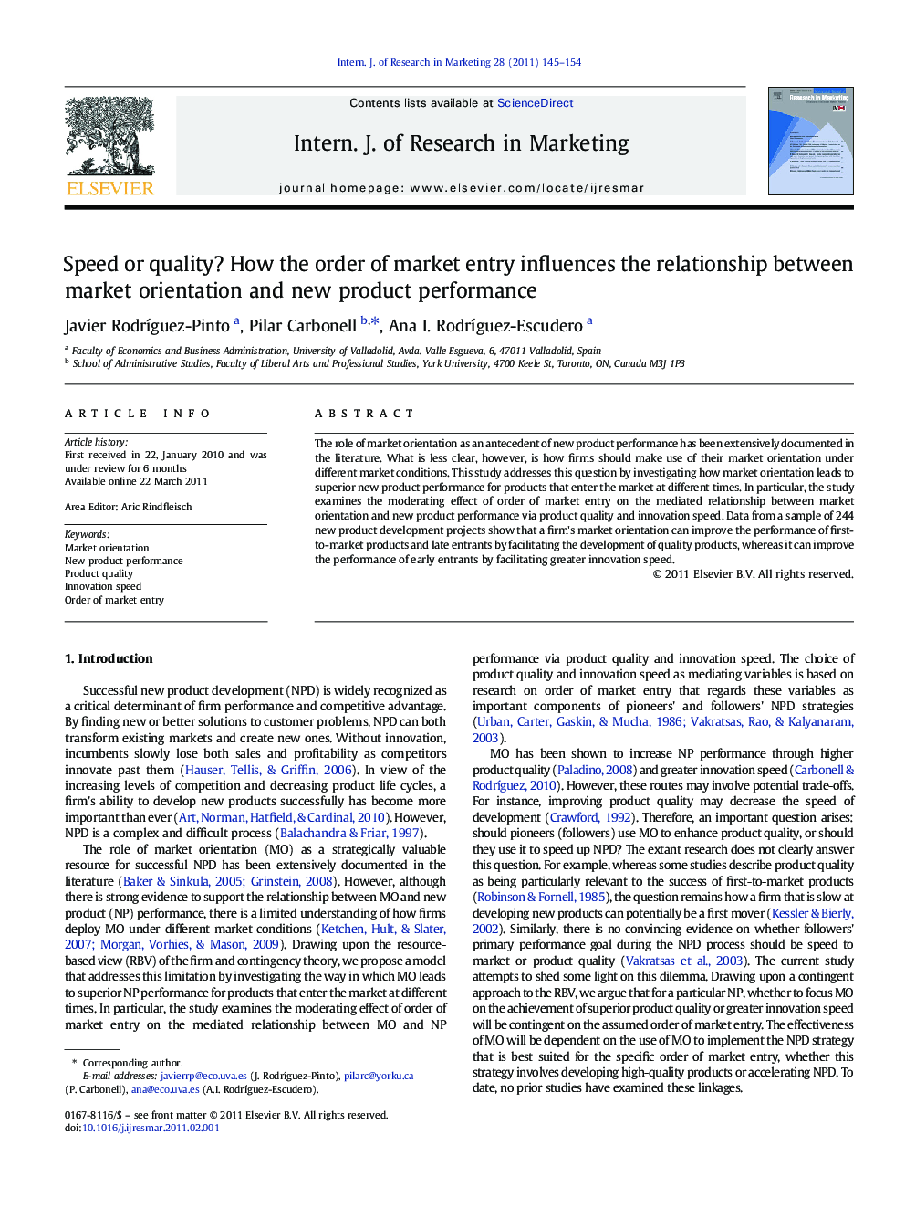 Speed or quality? How the order of market entry influences the relationship between market orientation and new product performance