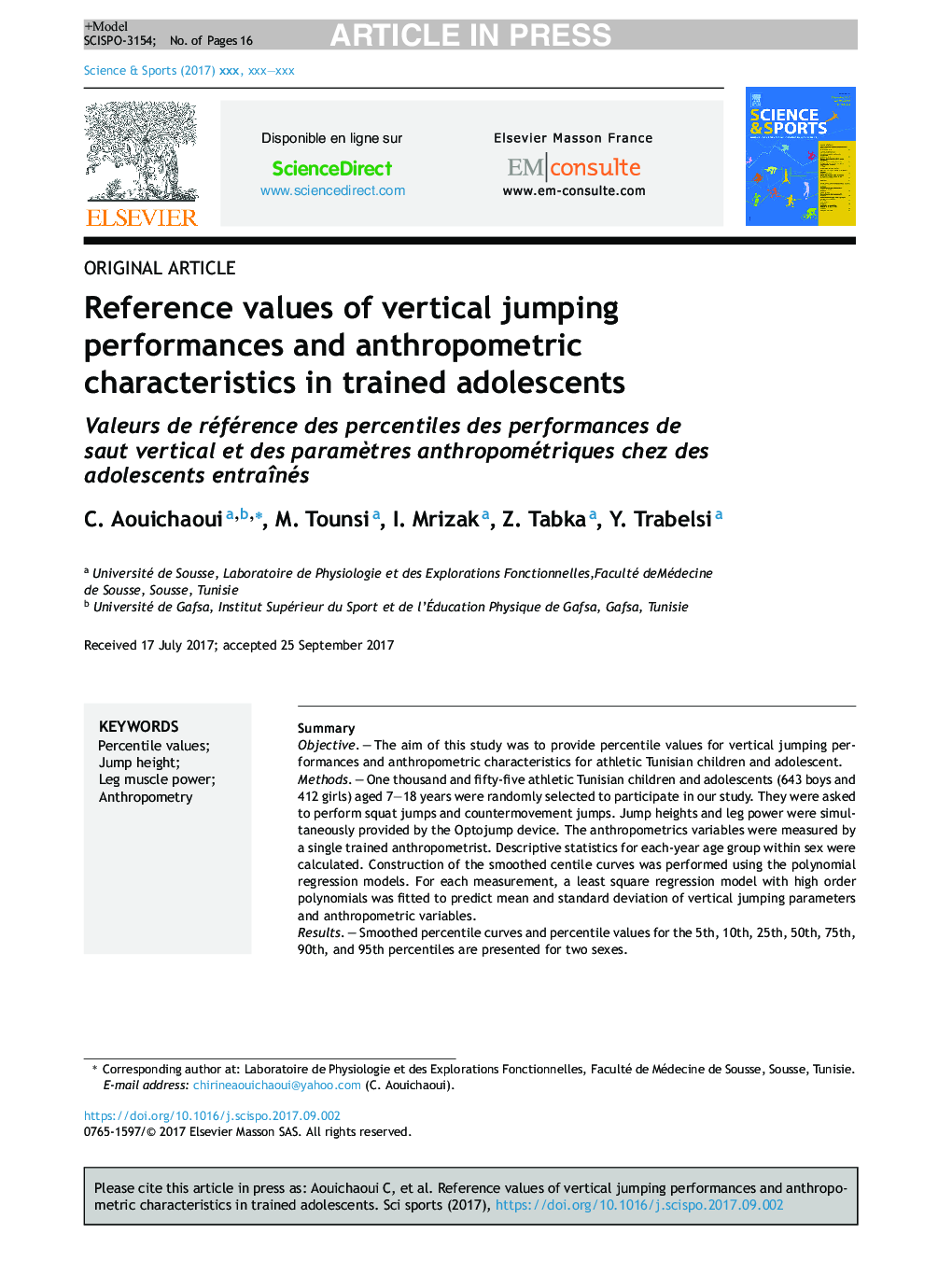 Reference values of vertical jumping performances and anthropometric characteristics in trained adolescents