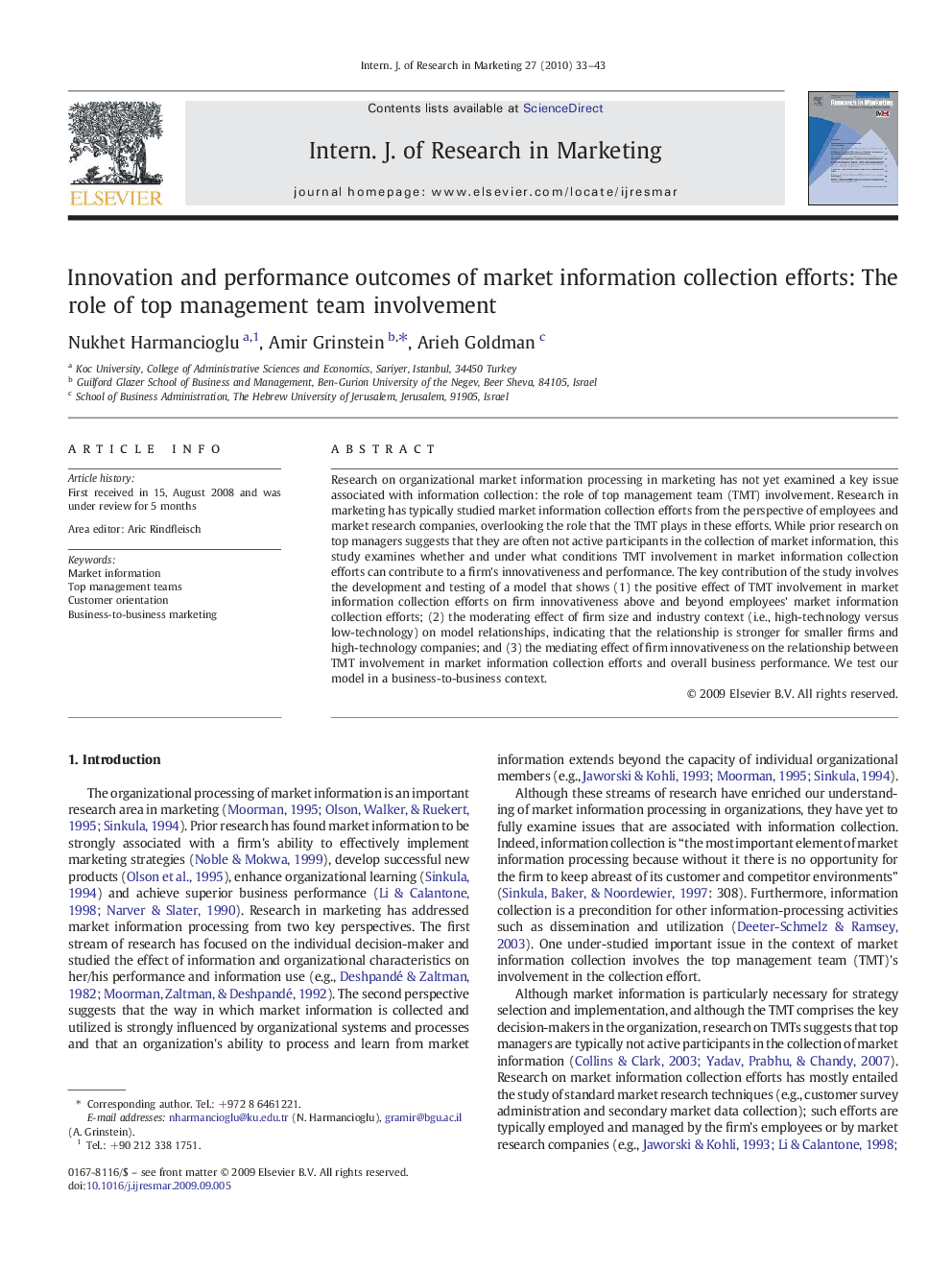 Innovation and performance outcomes of market information collection efforts: The role of top management team involvement