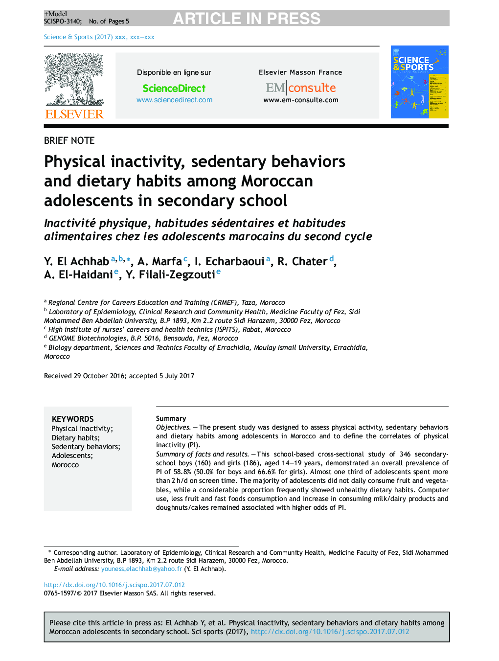 Physical inactivity, sedentary behaviors and dietary habits among Moroccan adolescents in secondary school