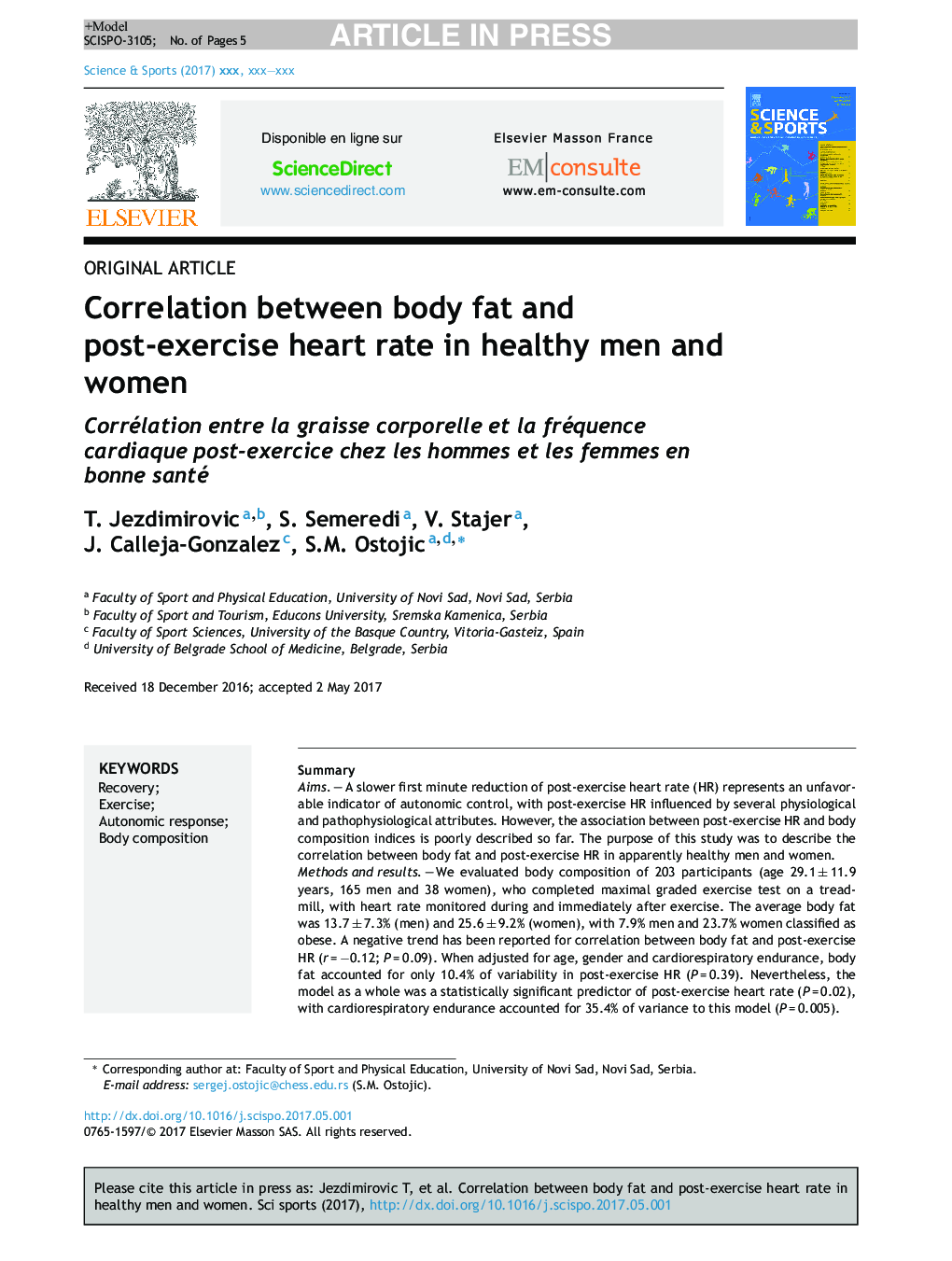 Correlation between body fat and post-exercise heart rate in healthy men and women