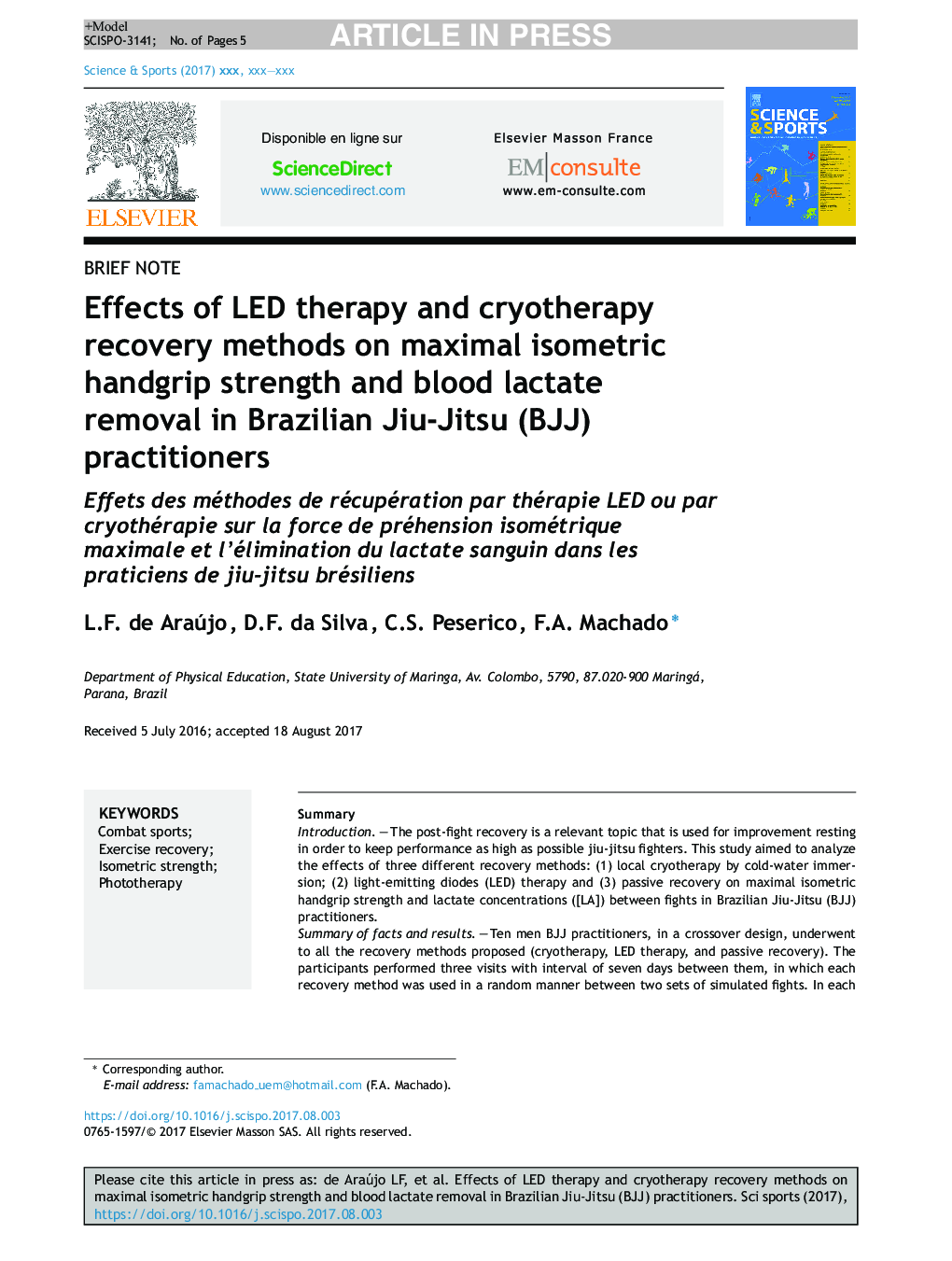 Effects of LED therapy and cryotherapy recovery methods on maximal isometric handgrip strength and blood lactate removal in Brazilian Jiu-Jitsu (BJJ) practitioners