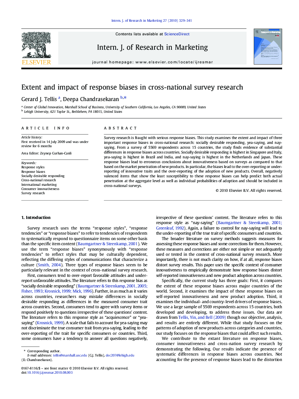 عکس صفحه اول مقاله: Extent and impact of response biases in cross-national survey research Extent and impact of response biases in cross-national survey research
