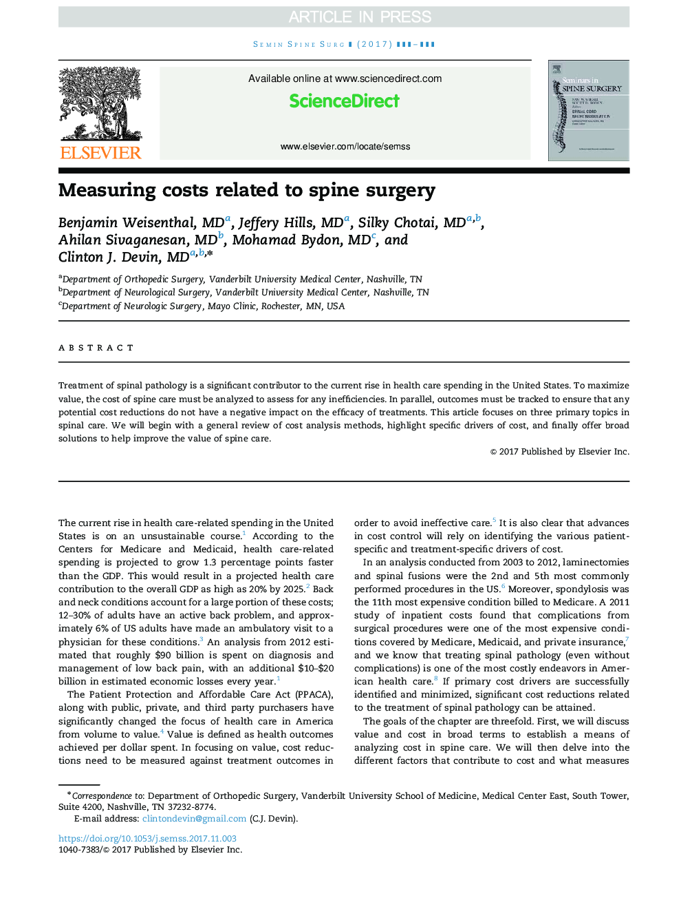 Measuring costs related to spine surgery